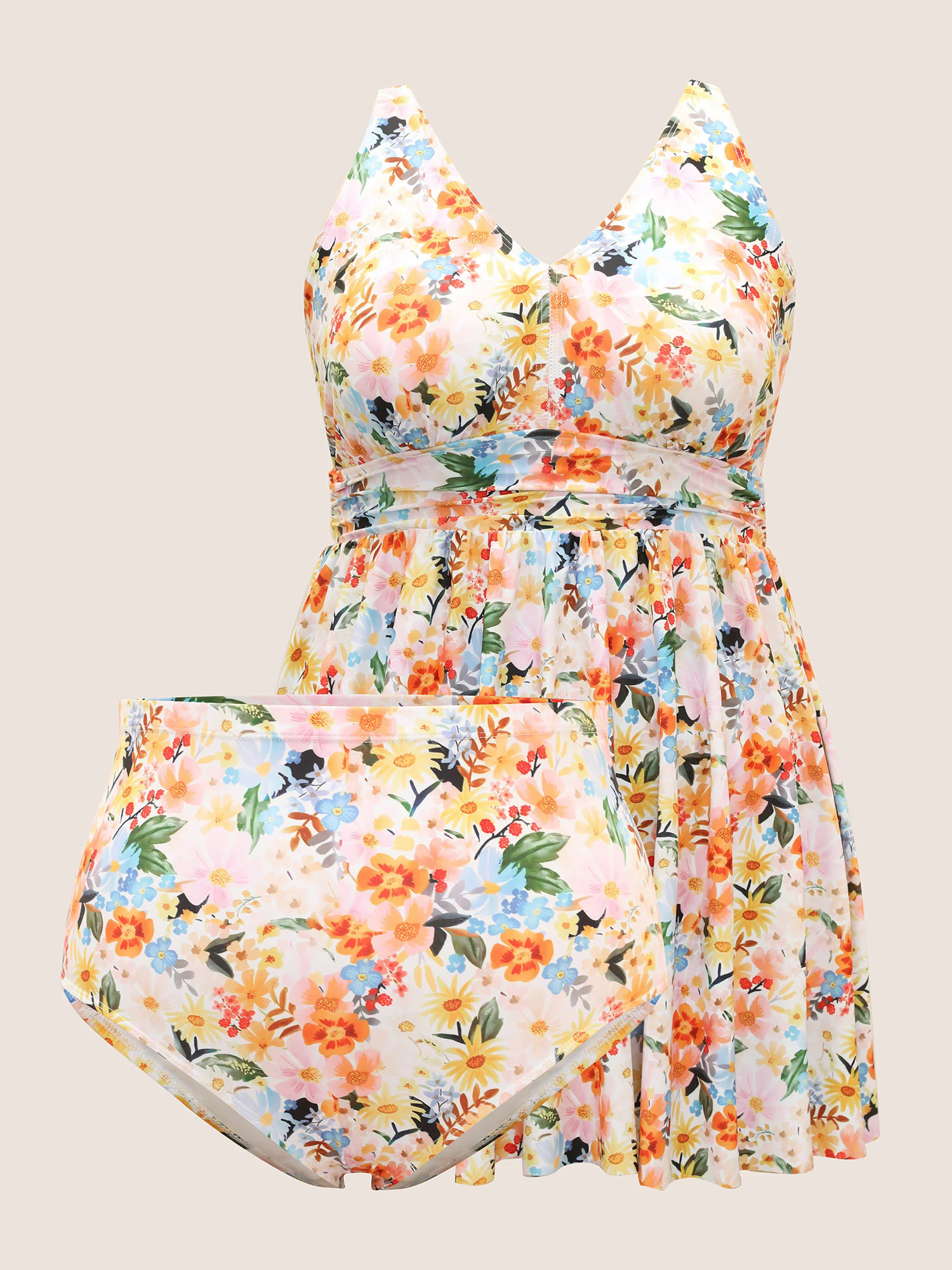 V Neck Floral Print Gathered Swim Dress V Neck Floral Print Gathered Swim Dress