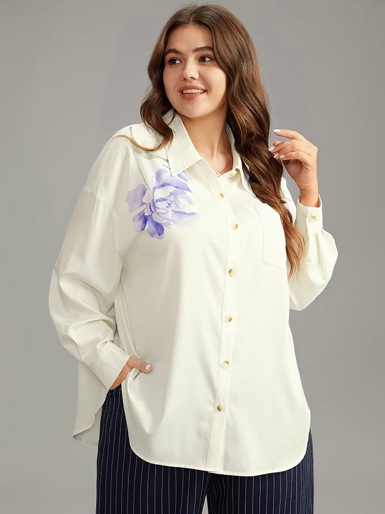 Shirt Collar Floral Print Patched Pocket Blouse