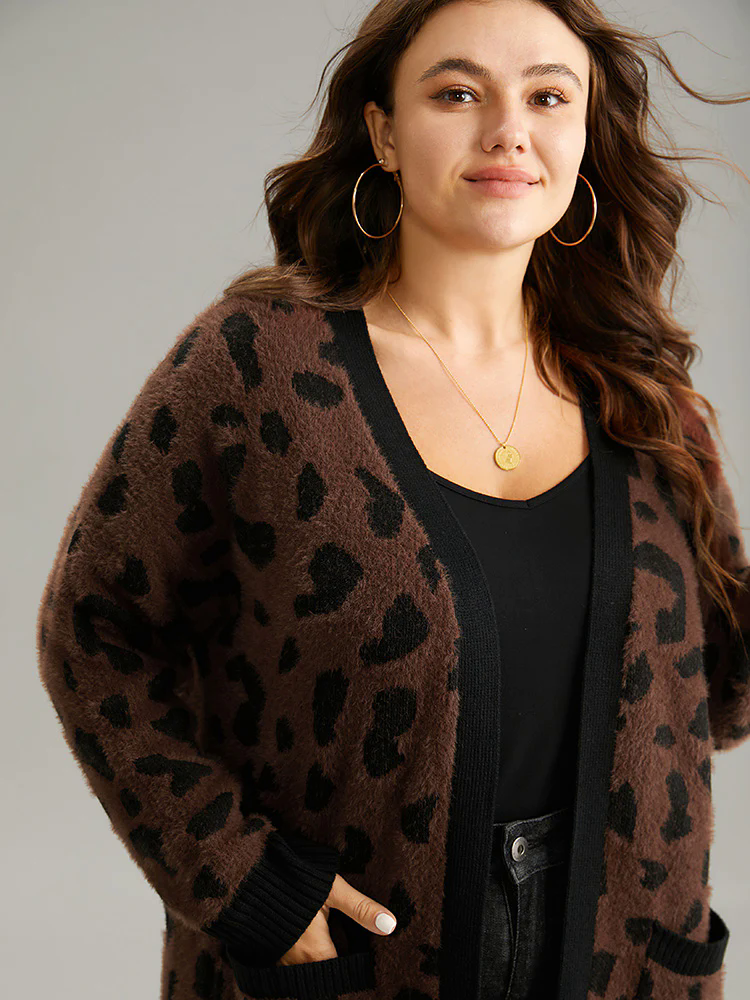 Leopard Contrast Open Front Jacquard Cardigan Leopard Contrast Open Front Jacquard Cardigan
