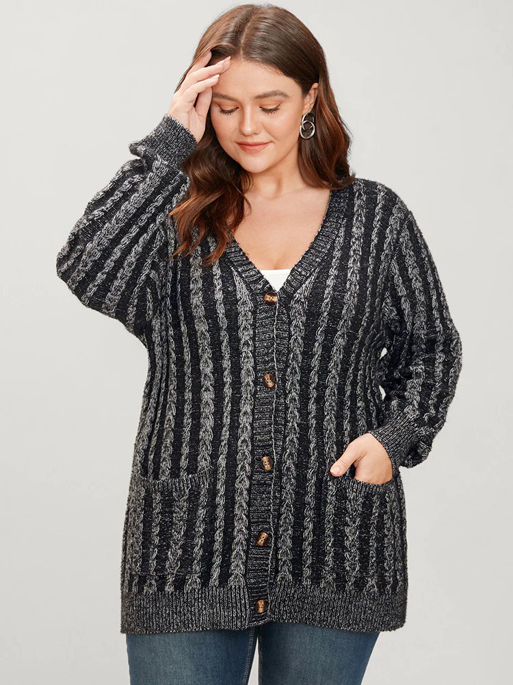 Striped Contrast Pointelle Knit Pocket Button Front Heather Cardigan Striped Contrast Pointelle Knit Pocket Button Front Heather Cardigan