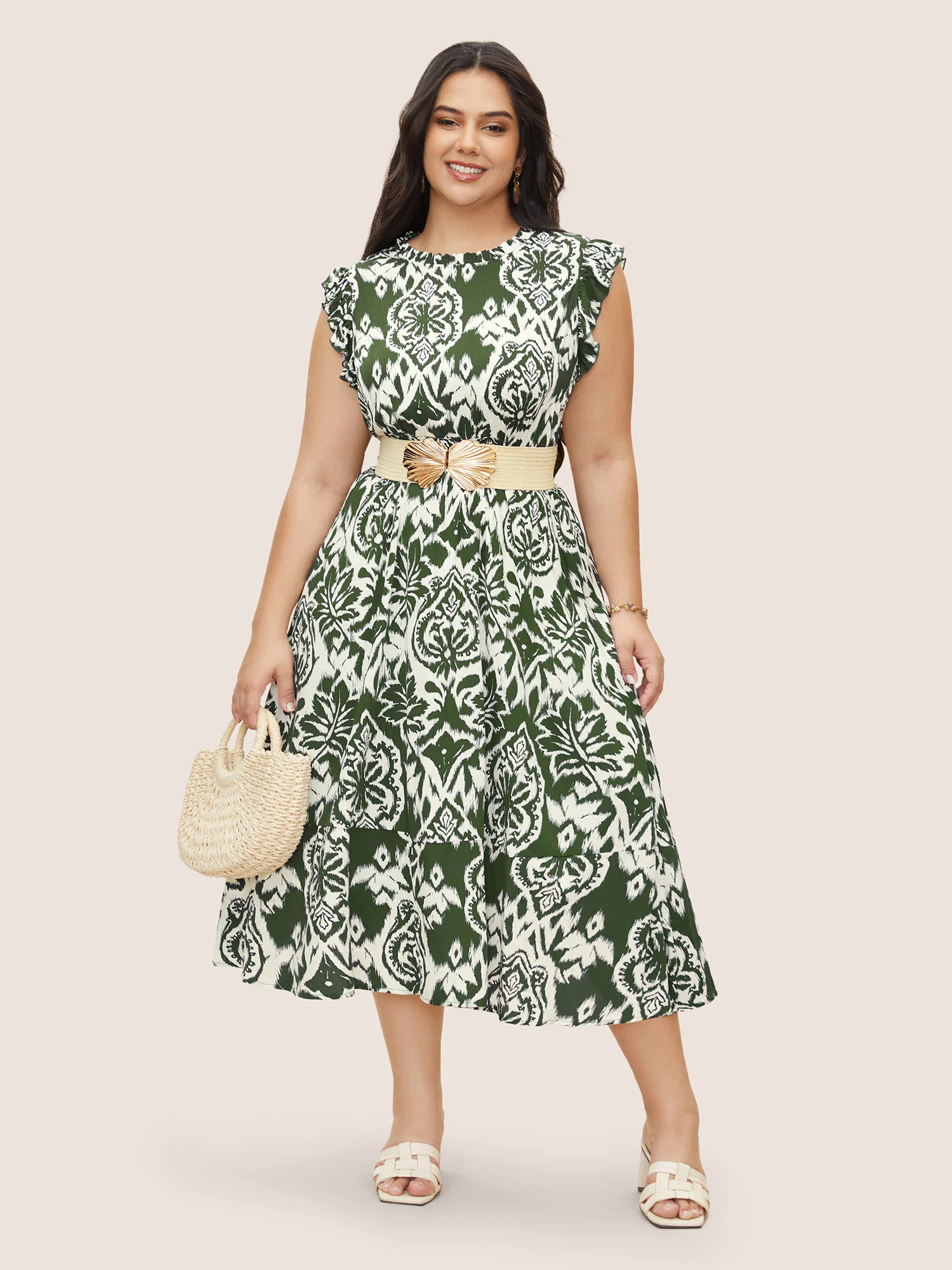 Boho Print Mock Neck Shirred Ruffle Cap Sleeve Dress Boho Print Mock Neck Shirred Ruffle Cap Sleeve Dress