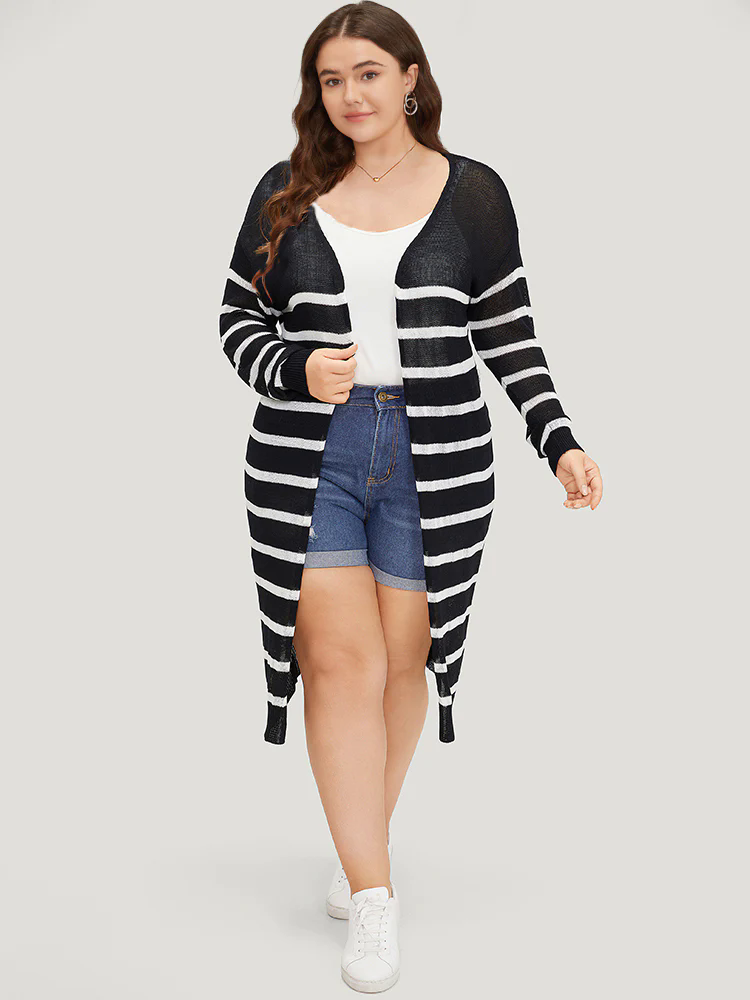 Striped Open Front Elastic Cuffs Drop Shoulder Cardigan