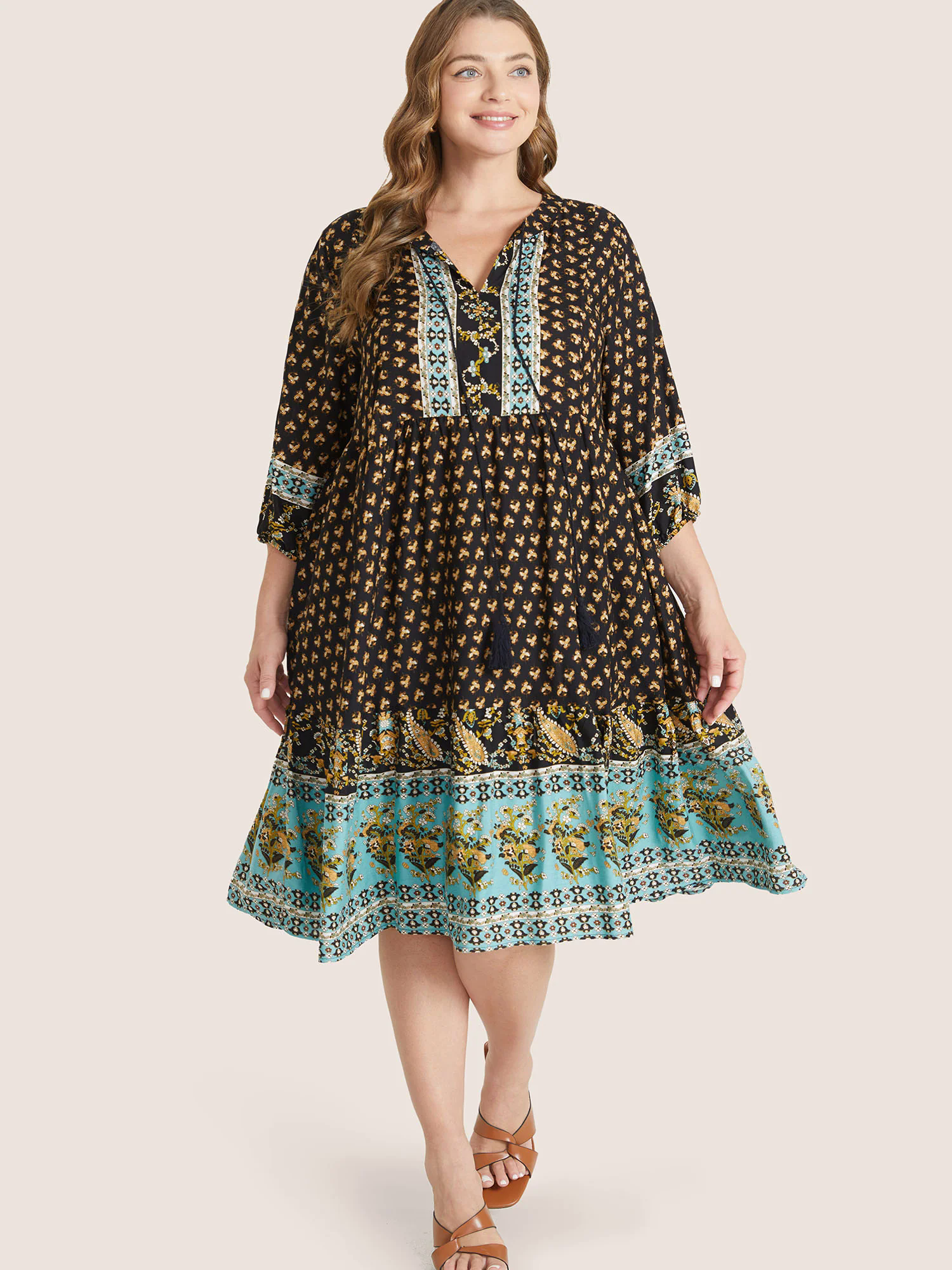 Bandana Tassels Lantern Sleeve Ruffle Pocket Keyhole Neck Dress Bandana Tassels Lantern Sleeve Ruffle Pocket Keyhole Neck Dress