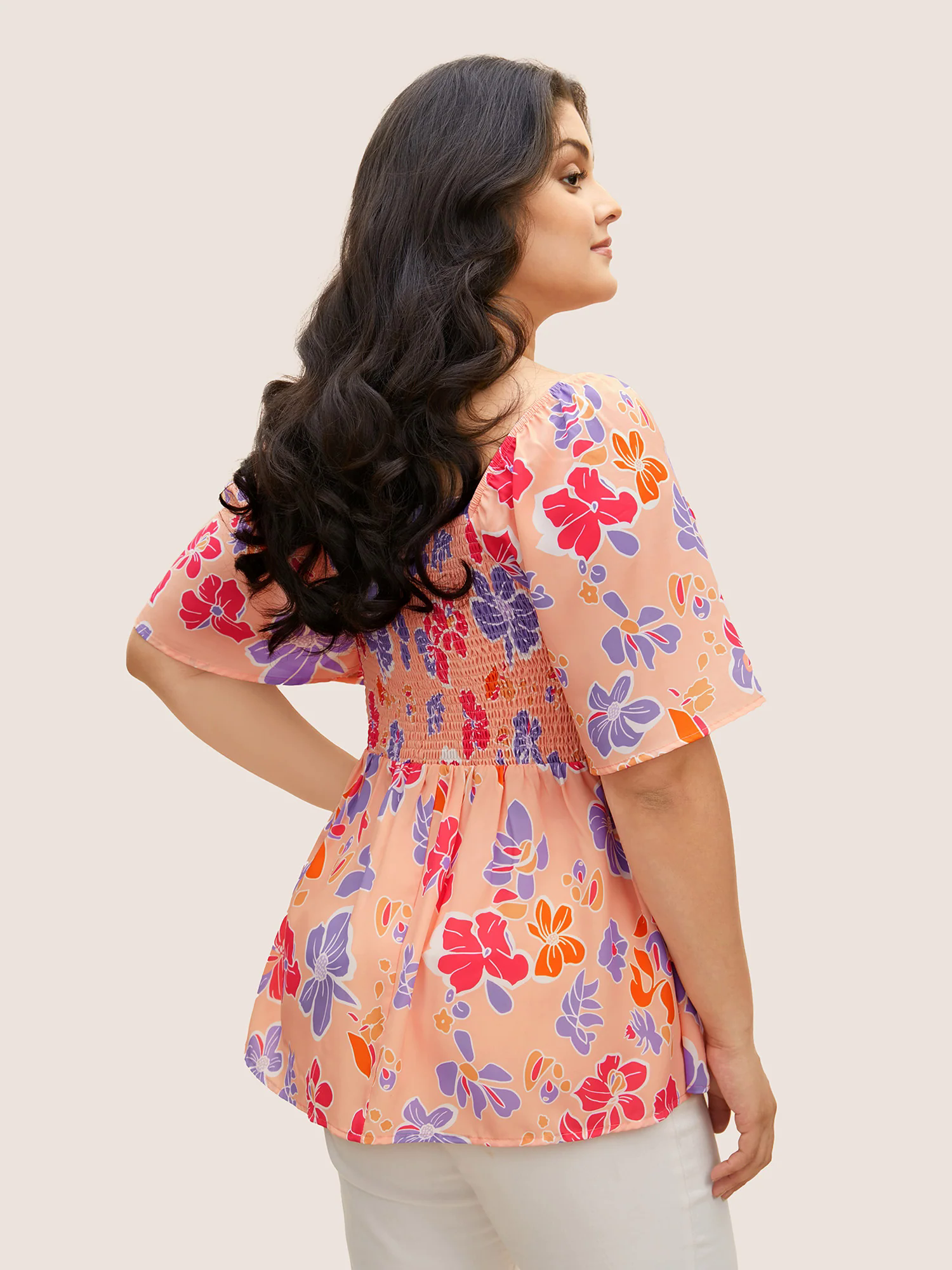 Floral Square Neck Frill Trim Shirred Blouse Floral Square Neck Frill Trim Shirred Blouse