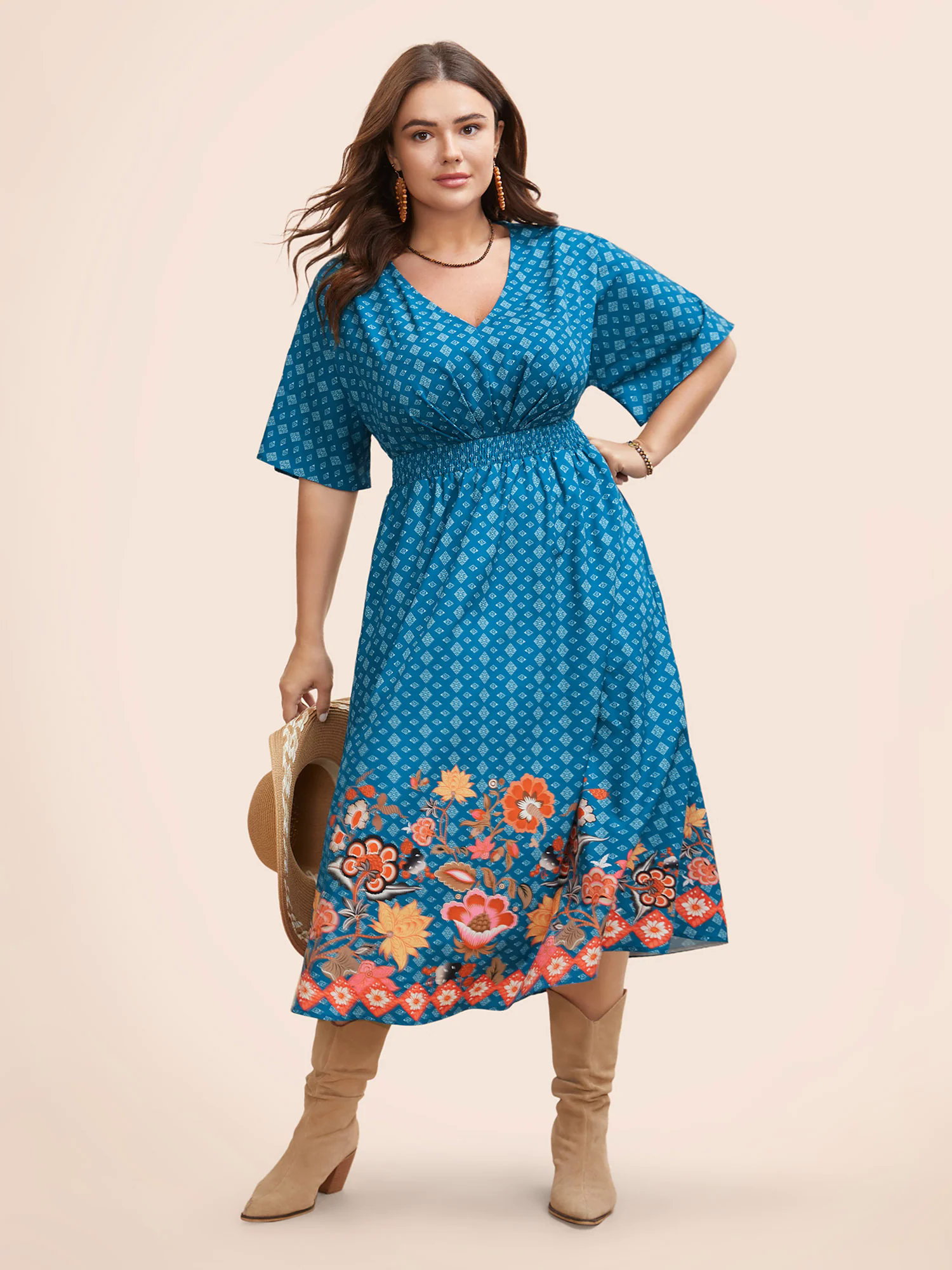 Boho Print Shirred Pleated Dolman Sleeve Dress Boho Print Shirred Pleated Dolman Sleeve Dress
