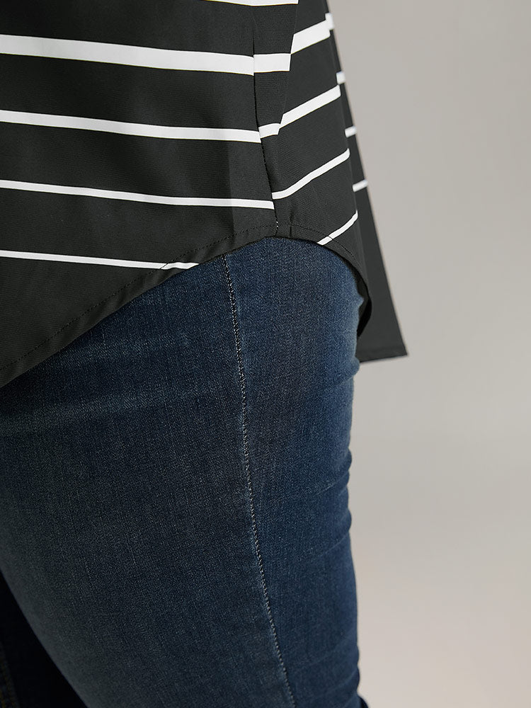 Striped Button Through Curved Hem Blouse