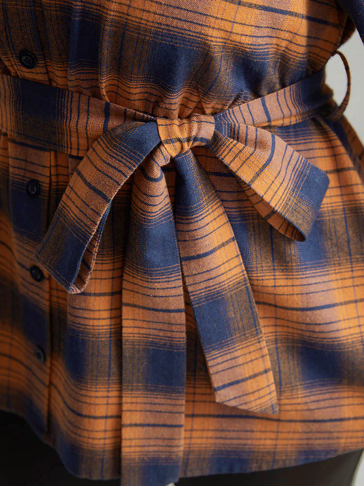 Plaid Elastic Waist Shirt Collar Blouse Plaid Elastic Waist Shirt Collar Blouse