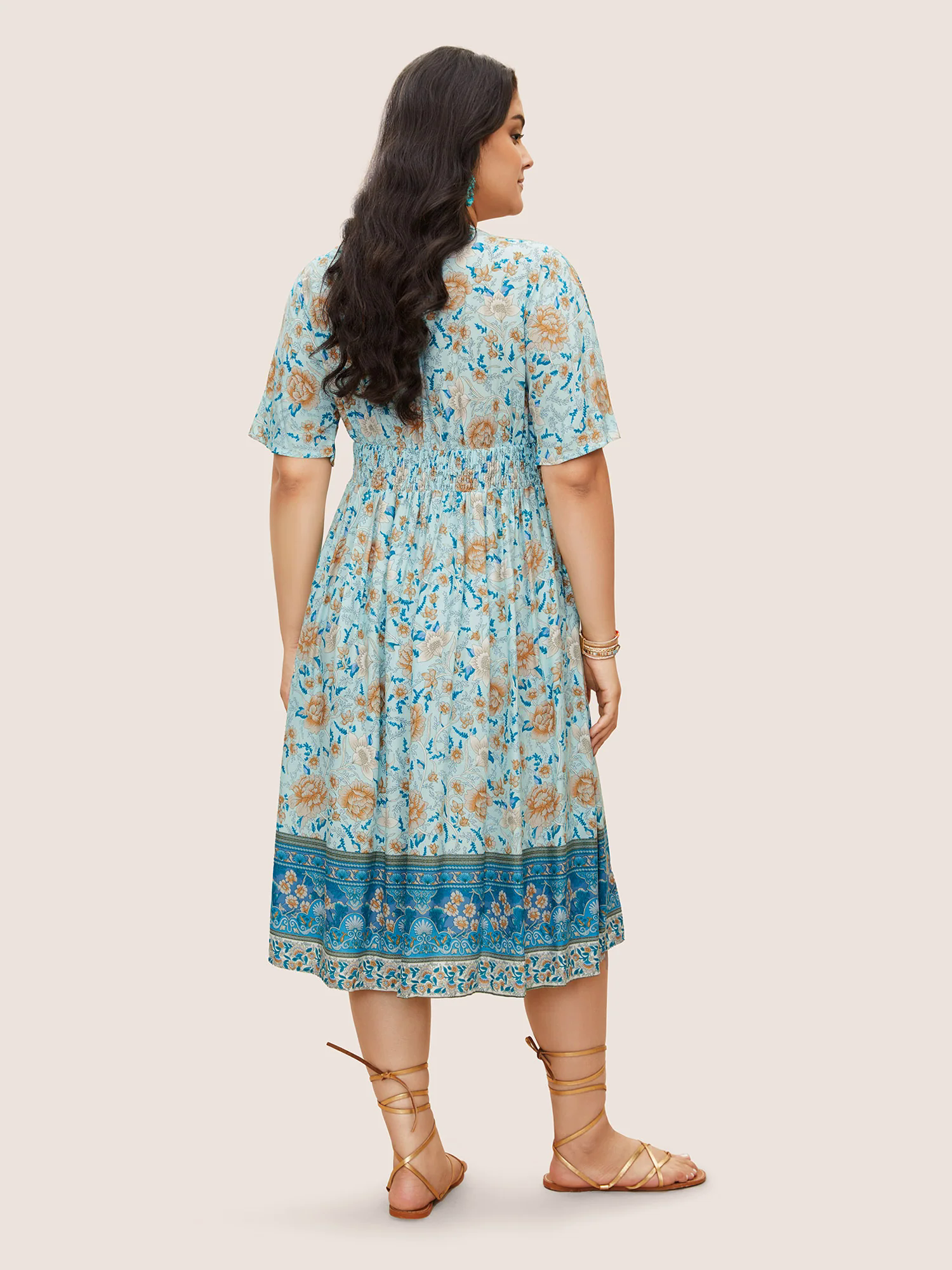 Floral Dolman Sleeve Ruffles Shirred Split Hem Dress Floral Dolman Sleeve Ruffles Shirred Split Hem Dress