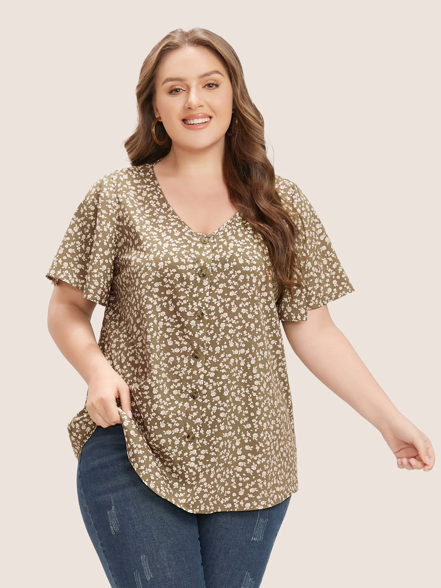 Ditsy Floral Ruffle Sleeve Button Detail Blouse Ditsy Floral Ruffle Sleeve Button Detail Blouse