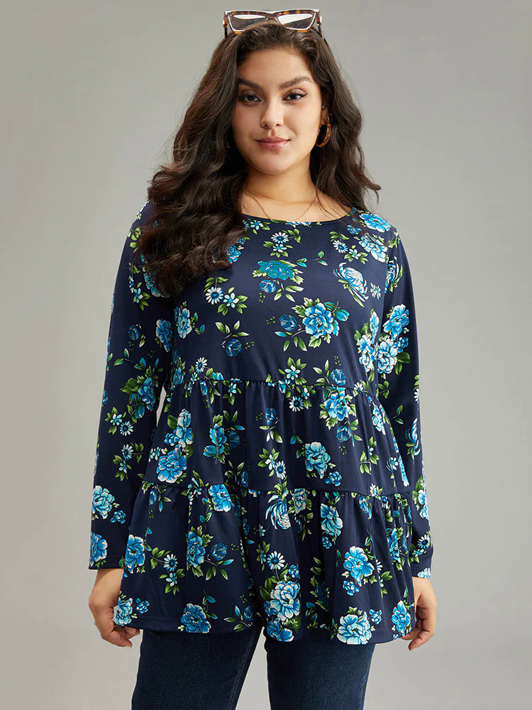 Floral Print Flutter Hem Gathered T-shirt Floral Print Flutter Hem Gathered T-shirt