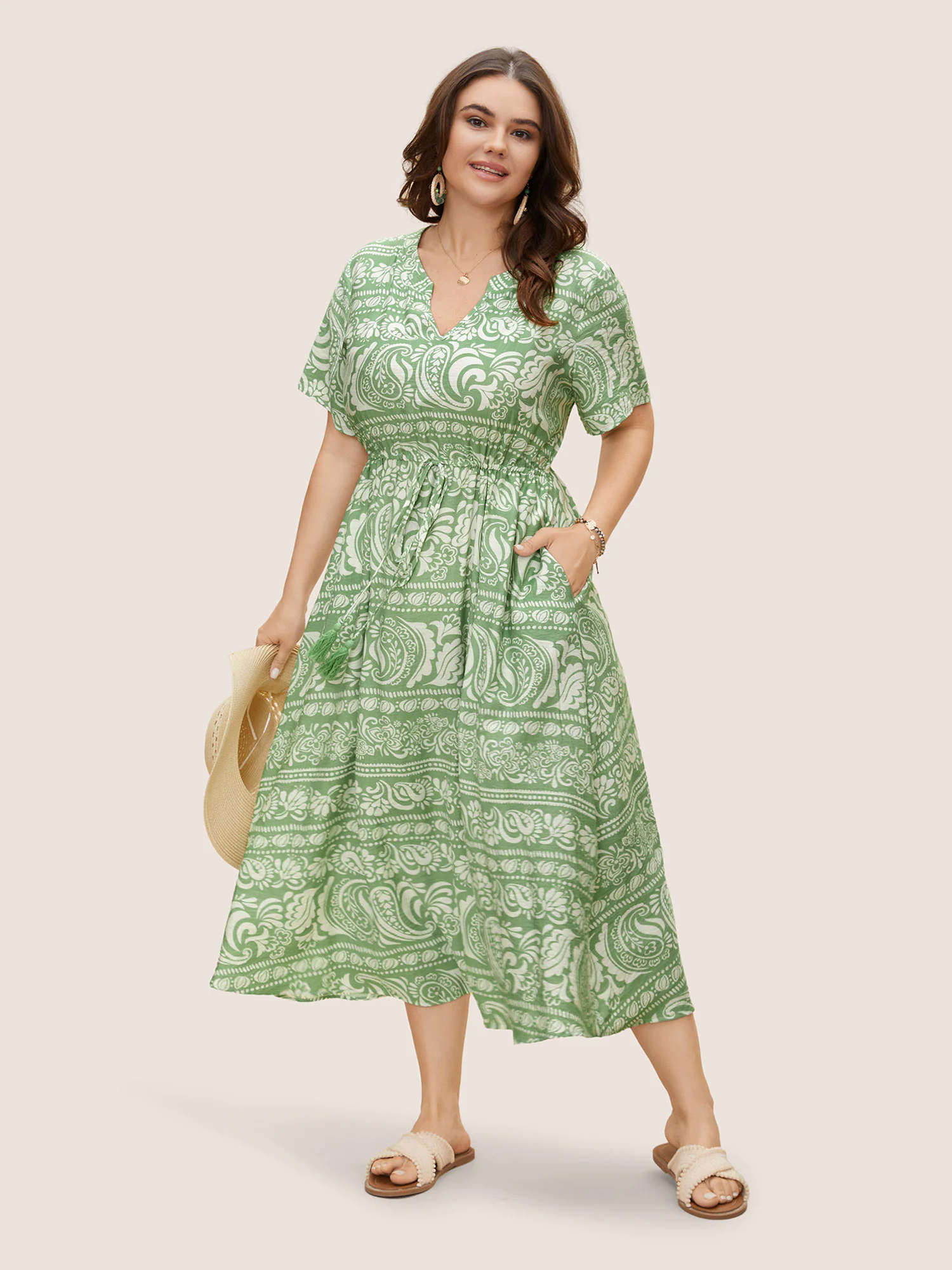 Boho Print Drawstring Tassels Midi Dress