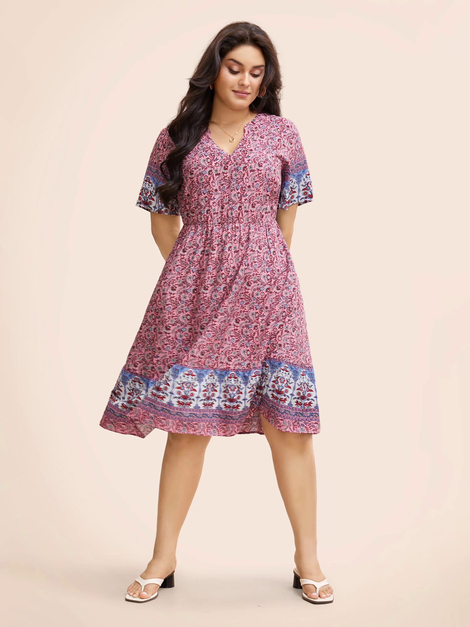 Boho Print Notched Collar Elastic Waist Dress Boho Print Notched Collar Elastic Waist Dress