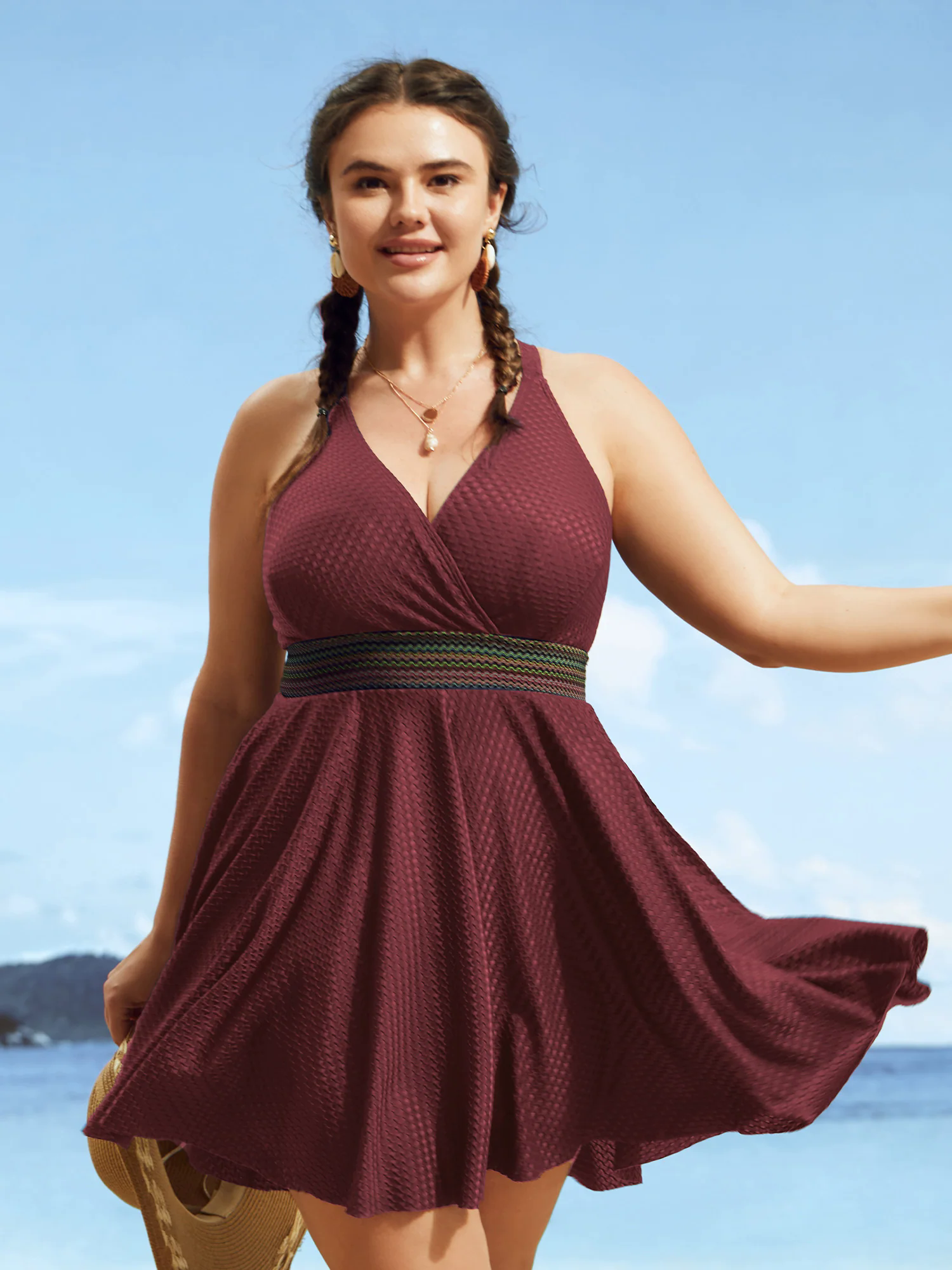 Overlap Collar Textured Gathered Pocket Swim Dress Overlap Collar Textured Gathered Pocket Swim Dress