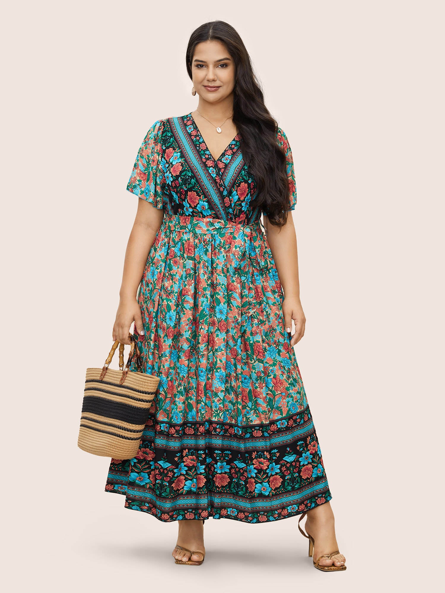 Bandana Surplice Neck Pocket Belted Flutter Hem Maxi Dress Bandana Surplice Neck Pocket Belted Flutter Hem Maxi Dress