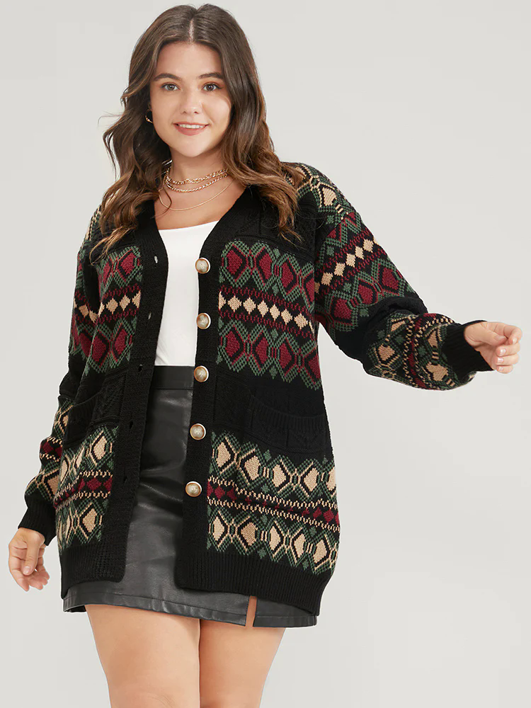 Geometric Contrast Pointelle Knit Pocket Jacquard Button Front Cardigan Geometric Contrast Pointelle Knit Pocket Jacquard Button Front Cardigan