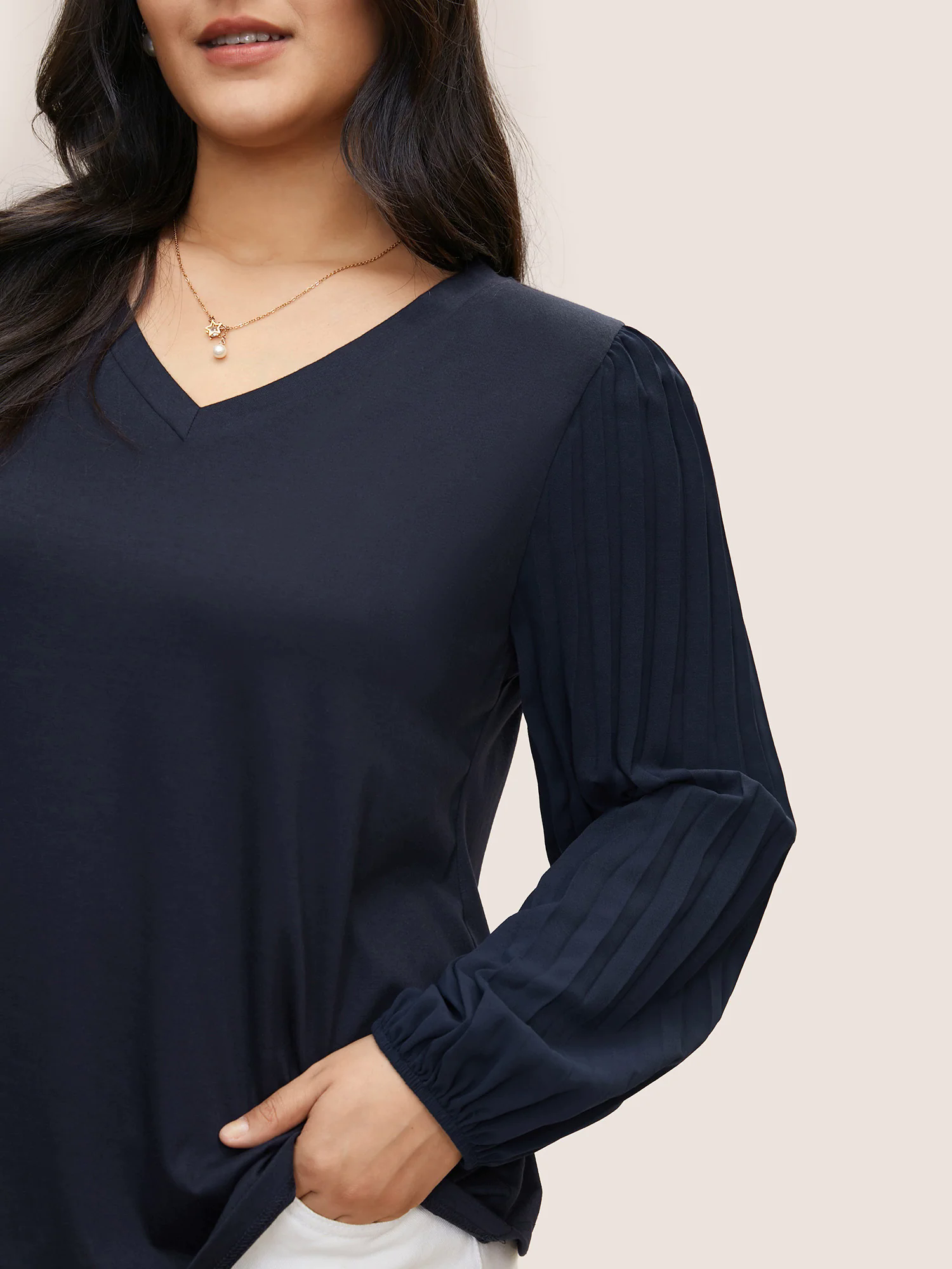 Solid Lantern Sleeve Patchwork Pleated T-shirt Solid Lantern Sleeve Patchwork Pleated T-shirt