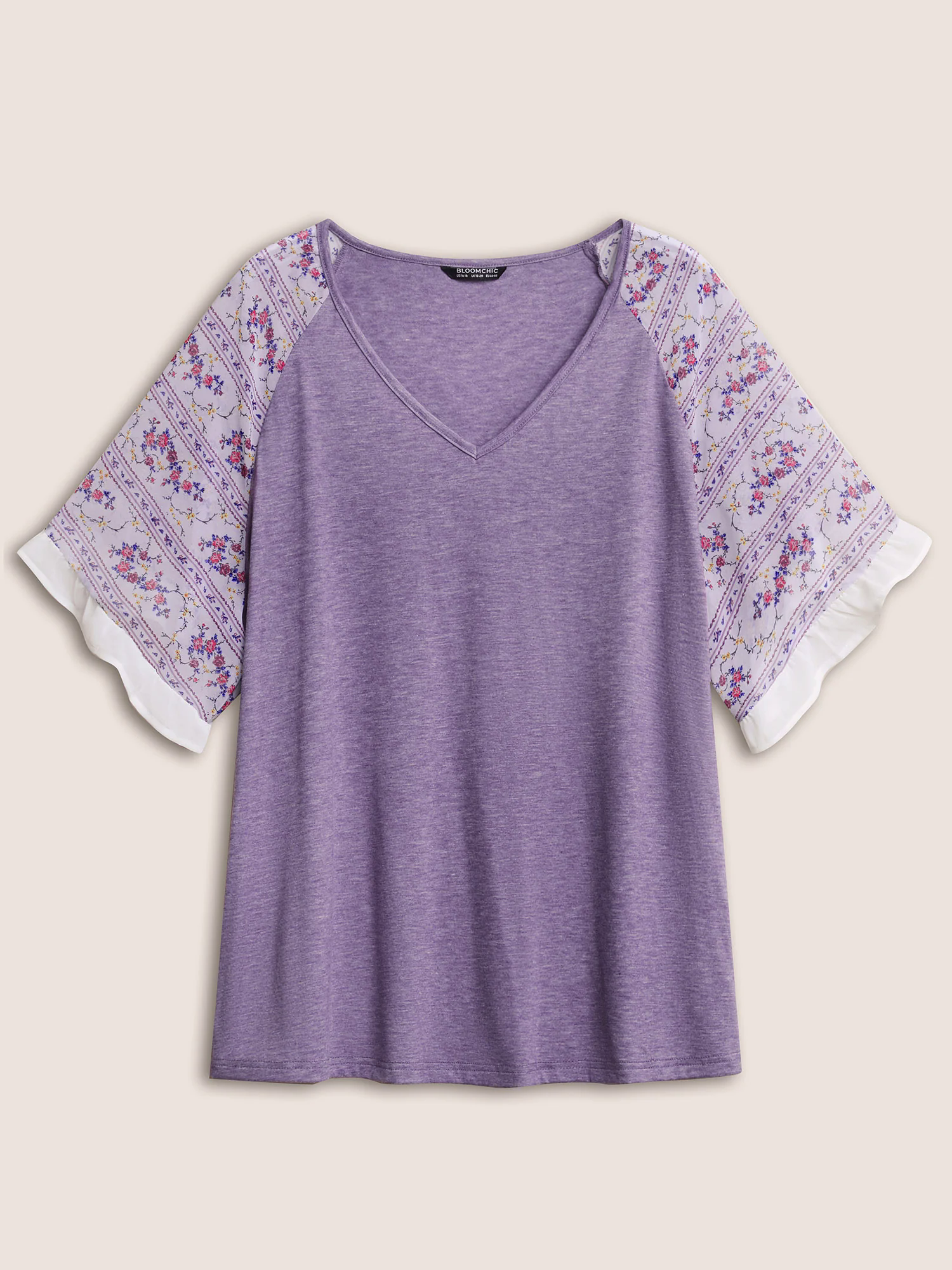 Ditsy Floral Patchwork Frill Trim Raglan Sleeve T-shirt