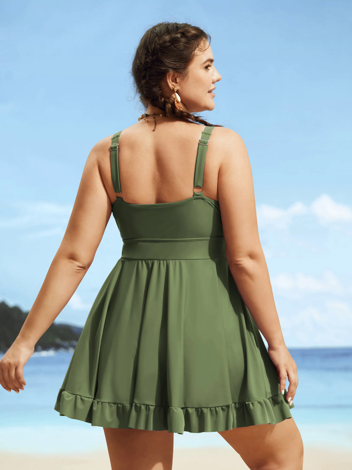 V Neck Solid Tie Knot Ruffles Swim Dress