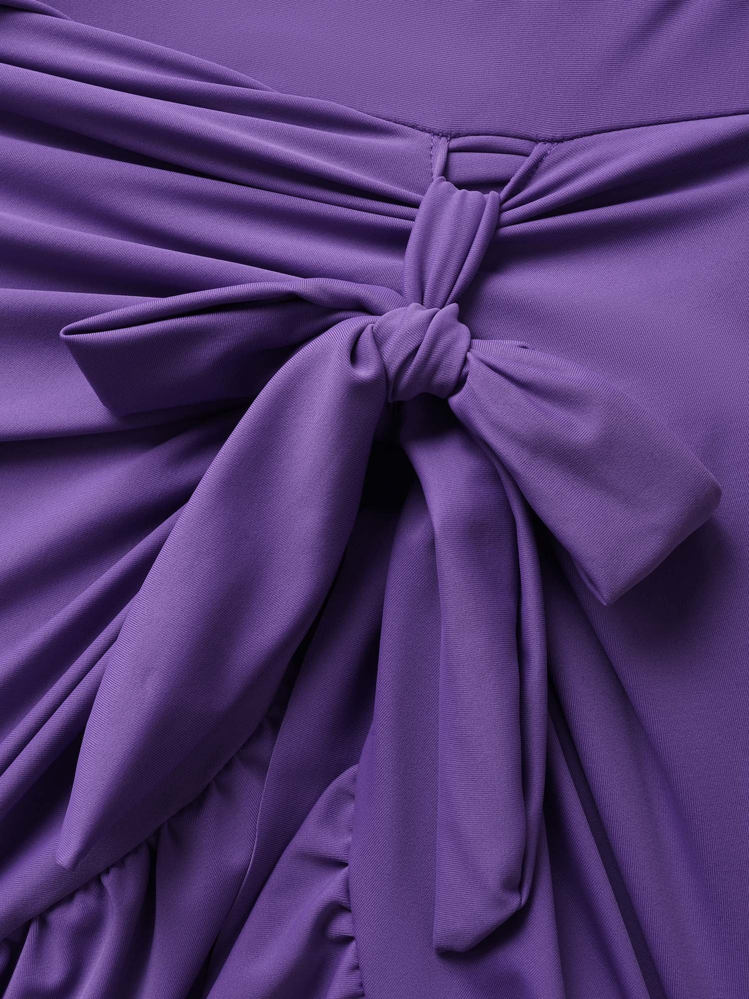 V Neck Solid Tie Knot Ruffles Swim Dress