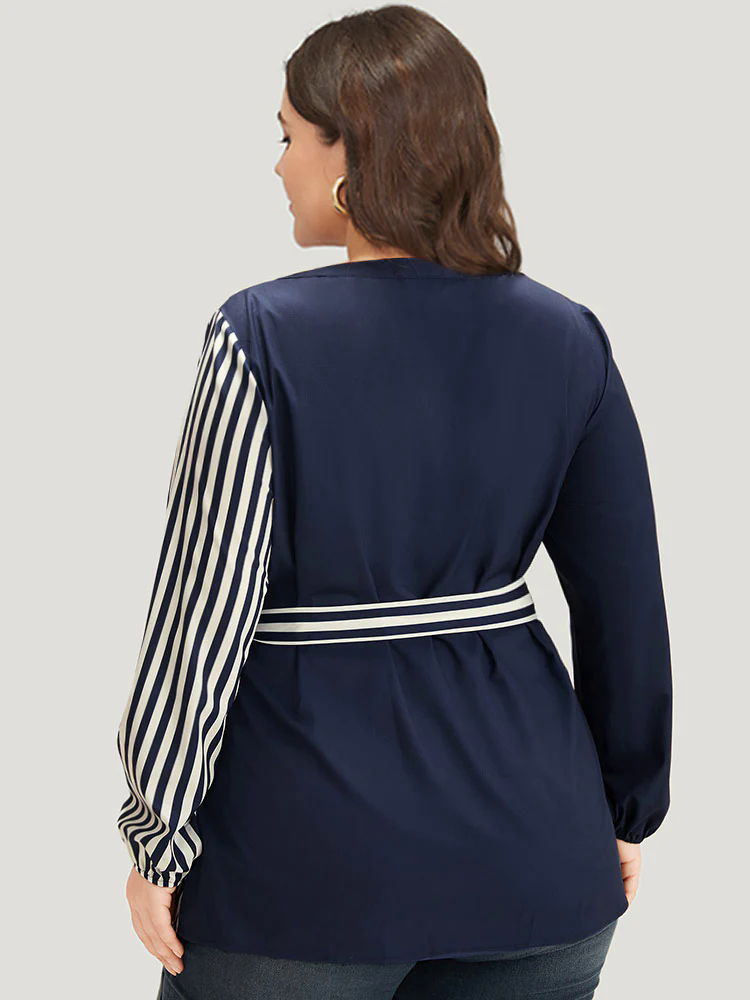 Striped Patchwork Notched Belted Lantern Sleeve Blouse Striped Patchwork Notched Belted Lantern Sleeve Blouse