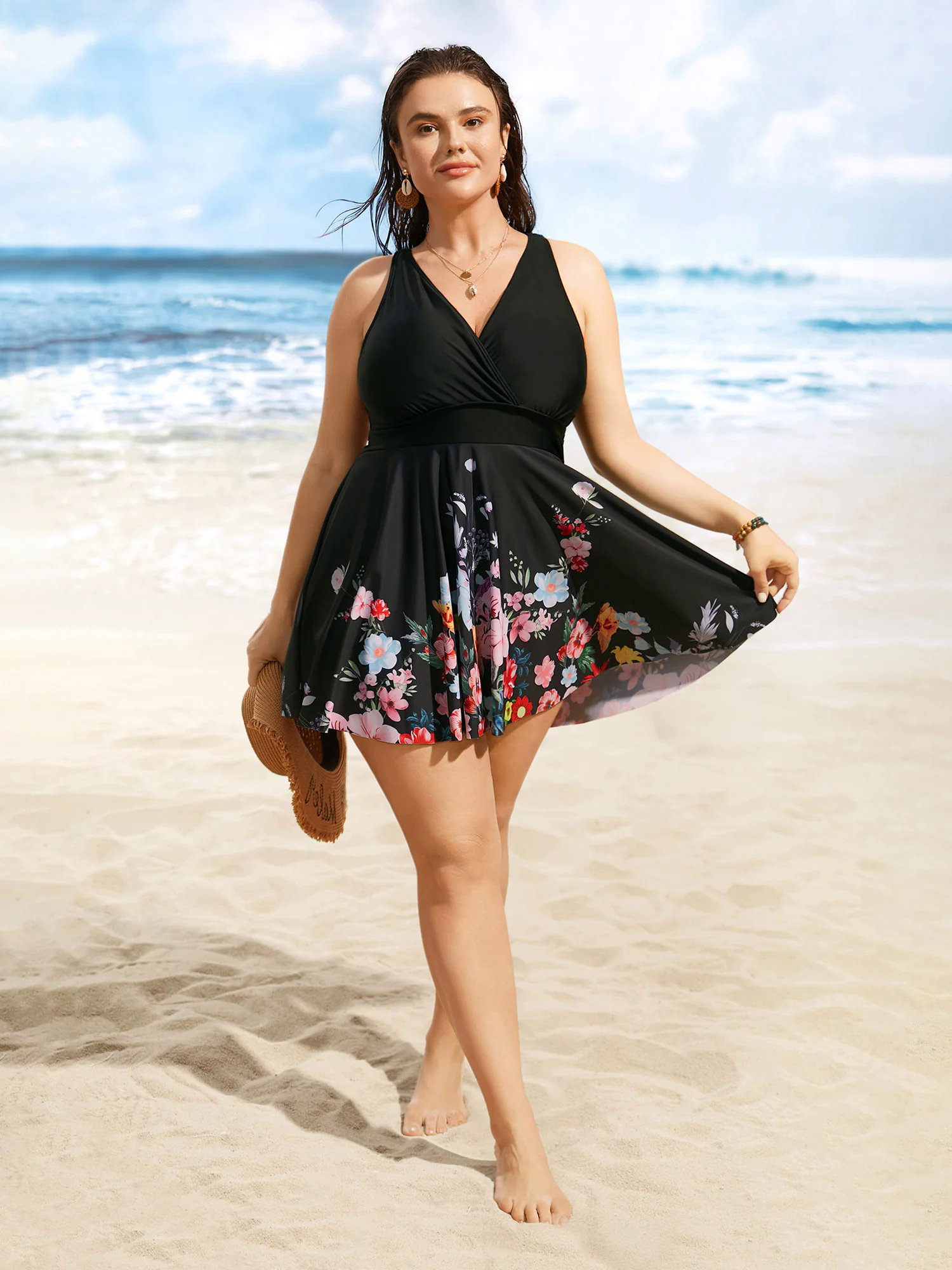 Overlap Collar Natural Flowers Gathered Swim Dress Overlap Collar Natural Flowers Gathered Swim Dress