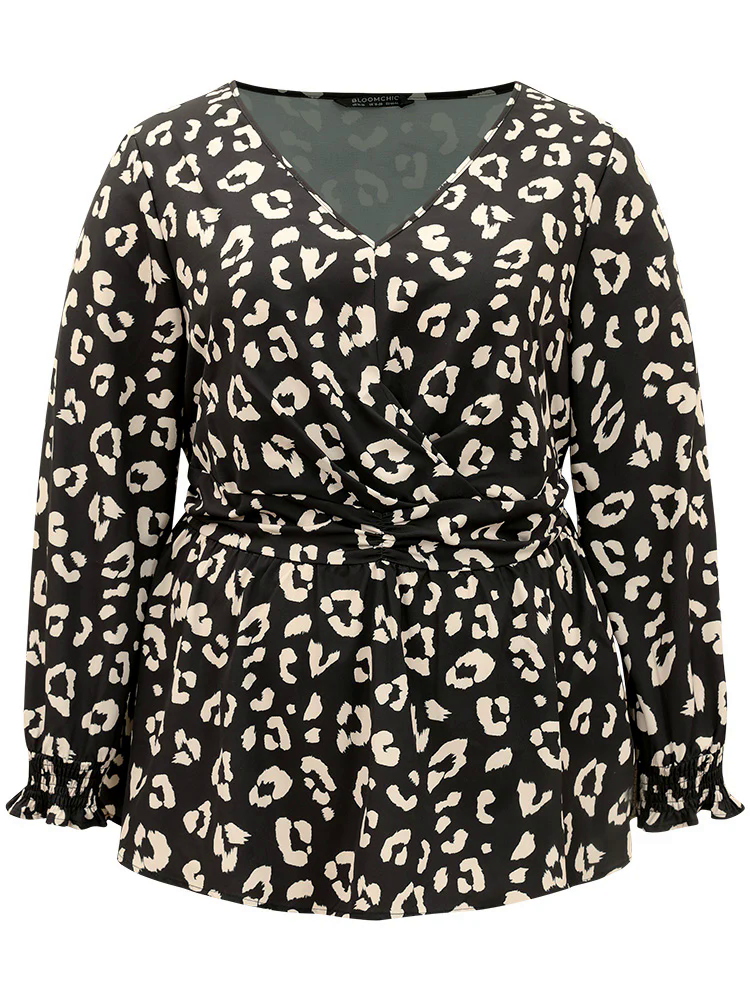 Leopard Print Crossover Ruched Shirred Blouse