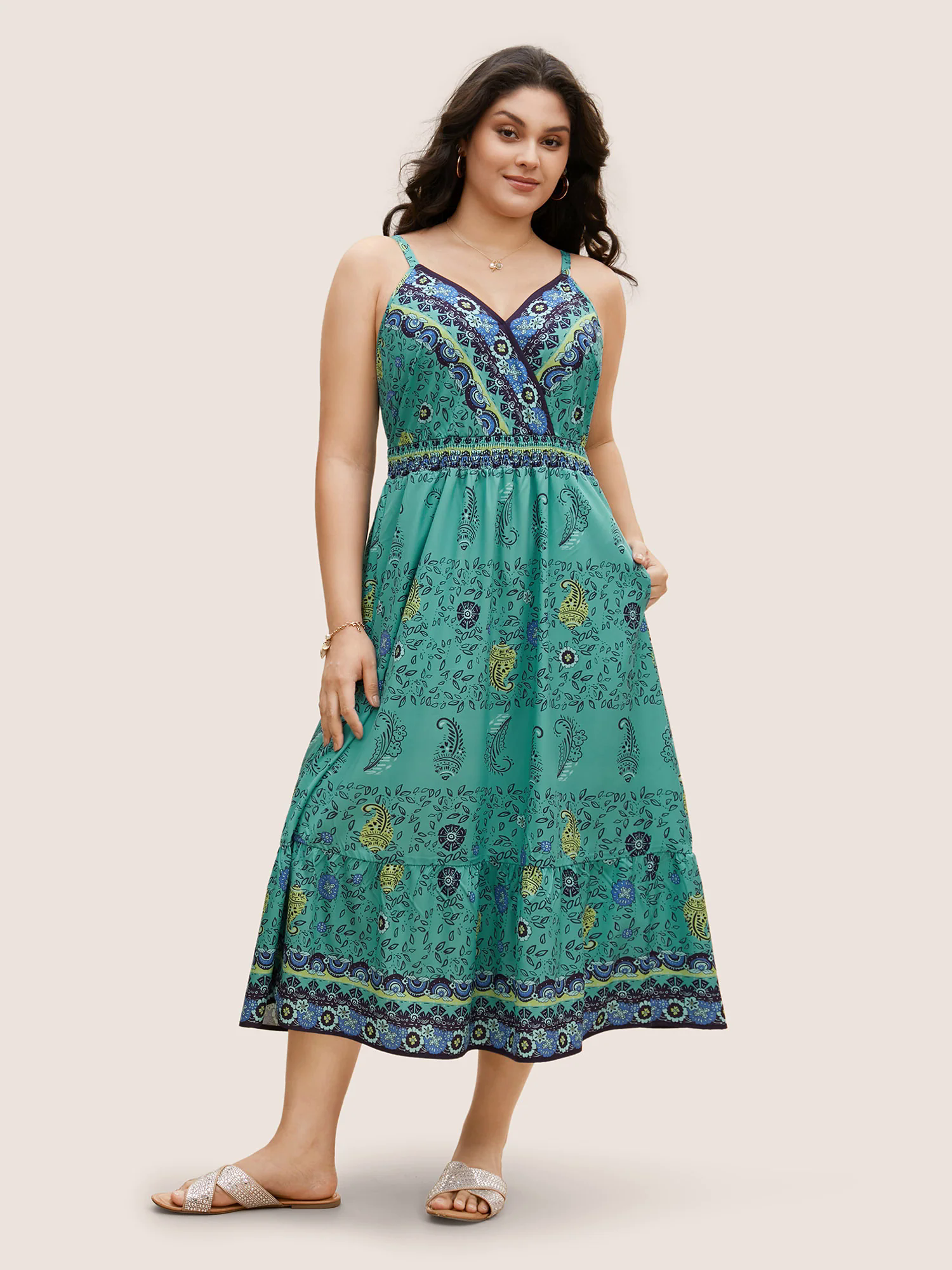 Paisley Print Overlap Collar Shirred Cami Dress Paisley Print Overlap Collar Shirred Cami Dress