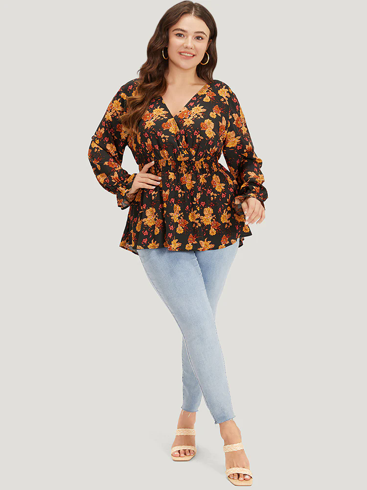Floral Print Wrap Shirred Lantern Sleeve Blouse Floral Print Wrap Shirred Lantern Sleeve Blouse