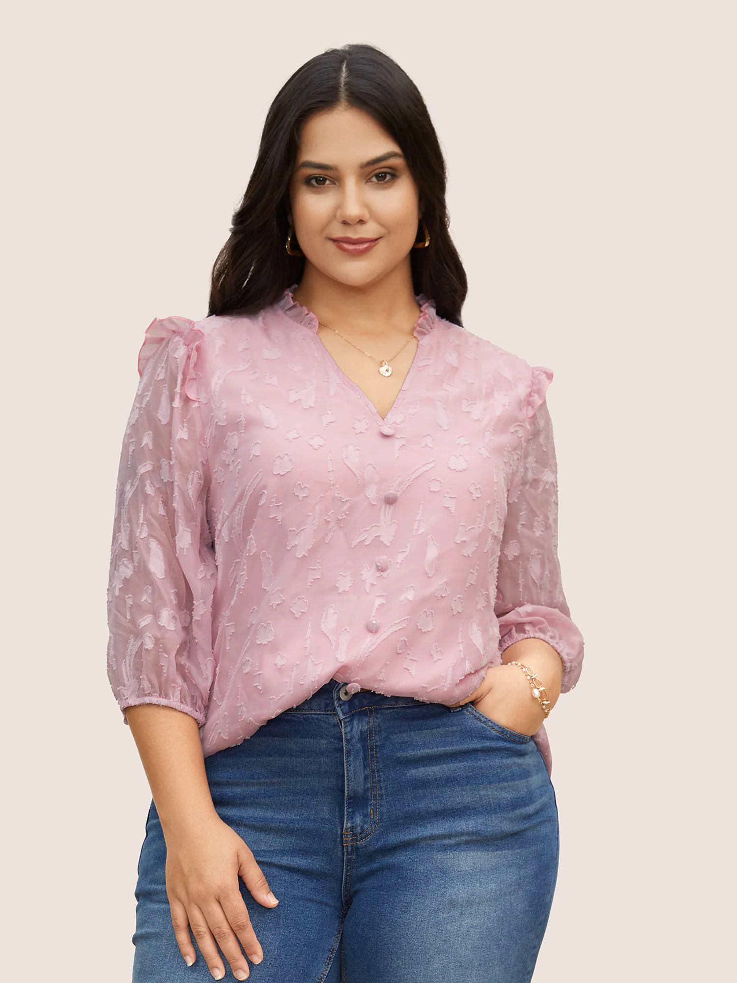 Chiffon Plain Textured Ruffle Trim Blouse