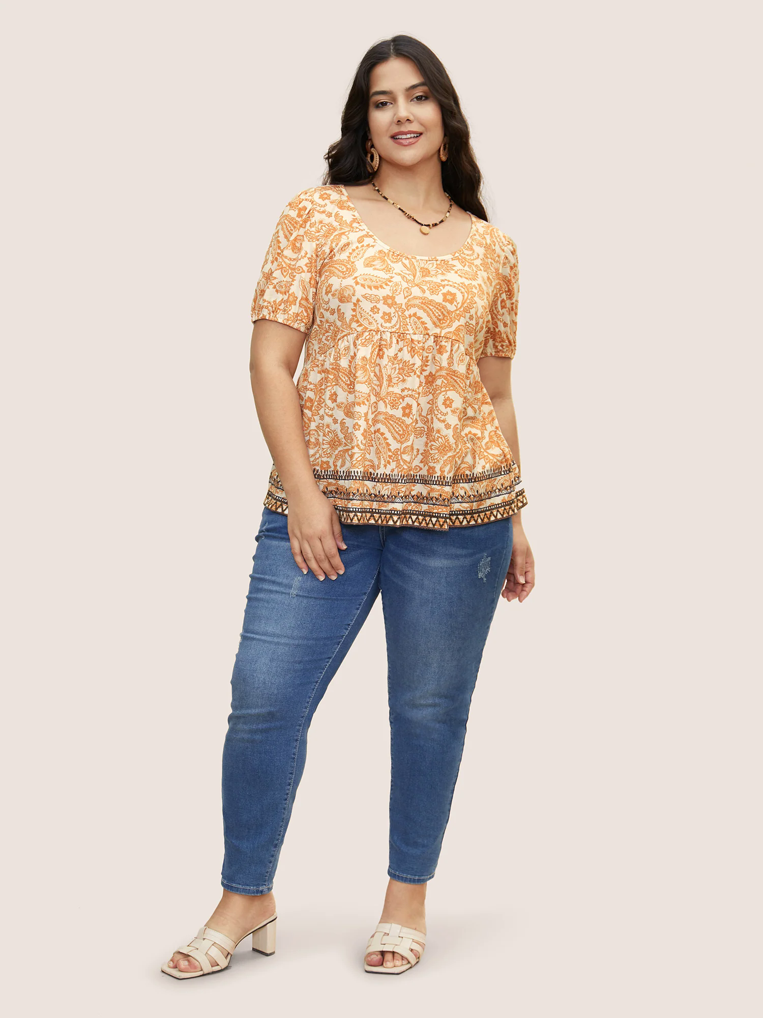 Boho Print Contrast Puff Sleeve T-shirt Boho Print Contrast Puff Sleeve T-shirt