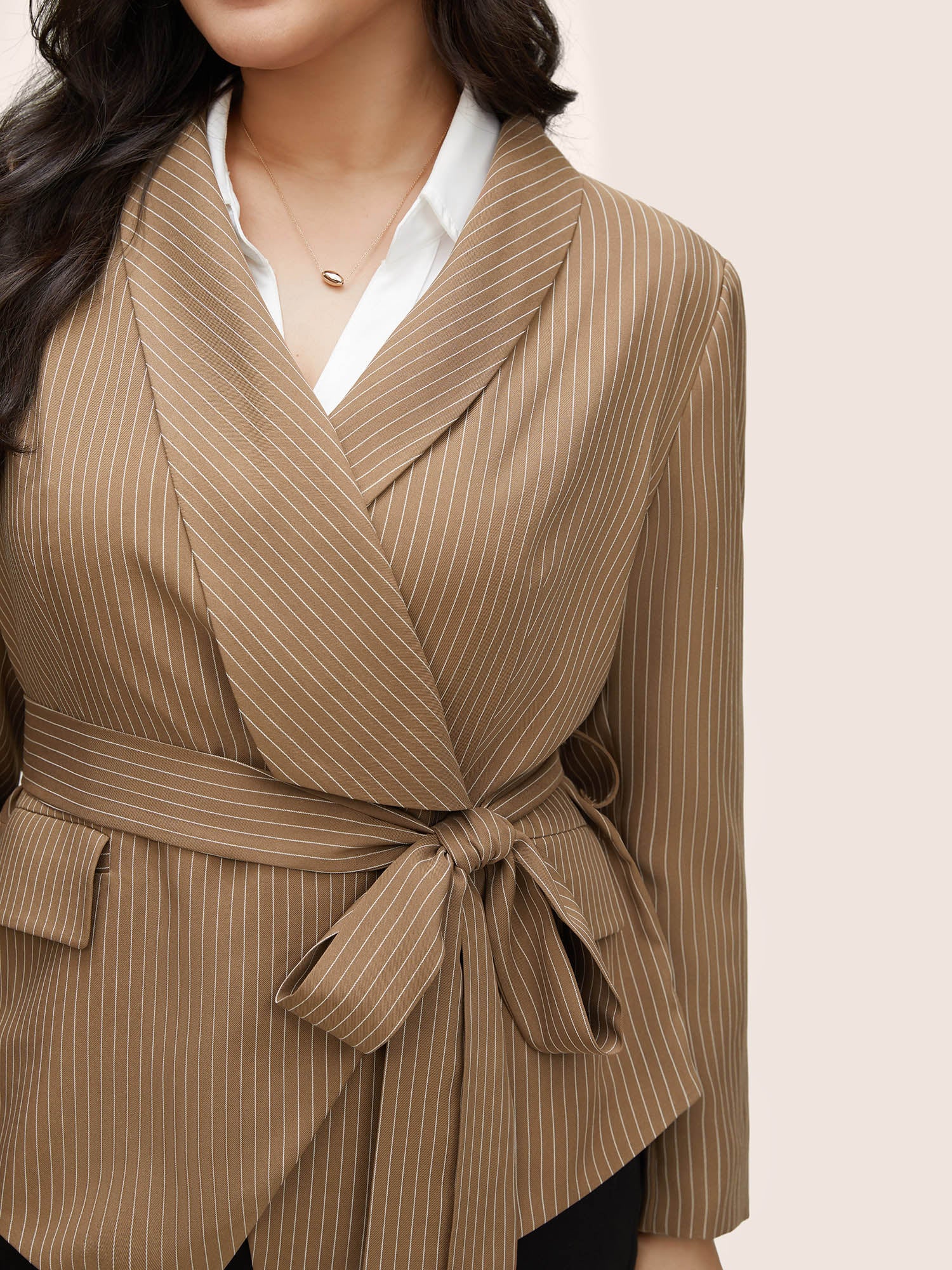 Striped Asymmetrical Hem Belted Flap Pocket Blazer Striped Asymmetrical Hem Belted Flap Pocket Blazer