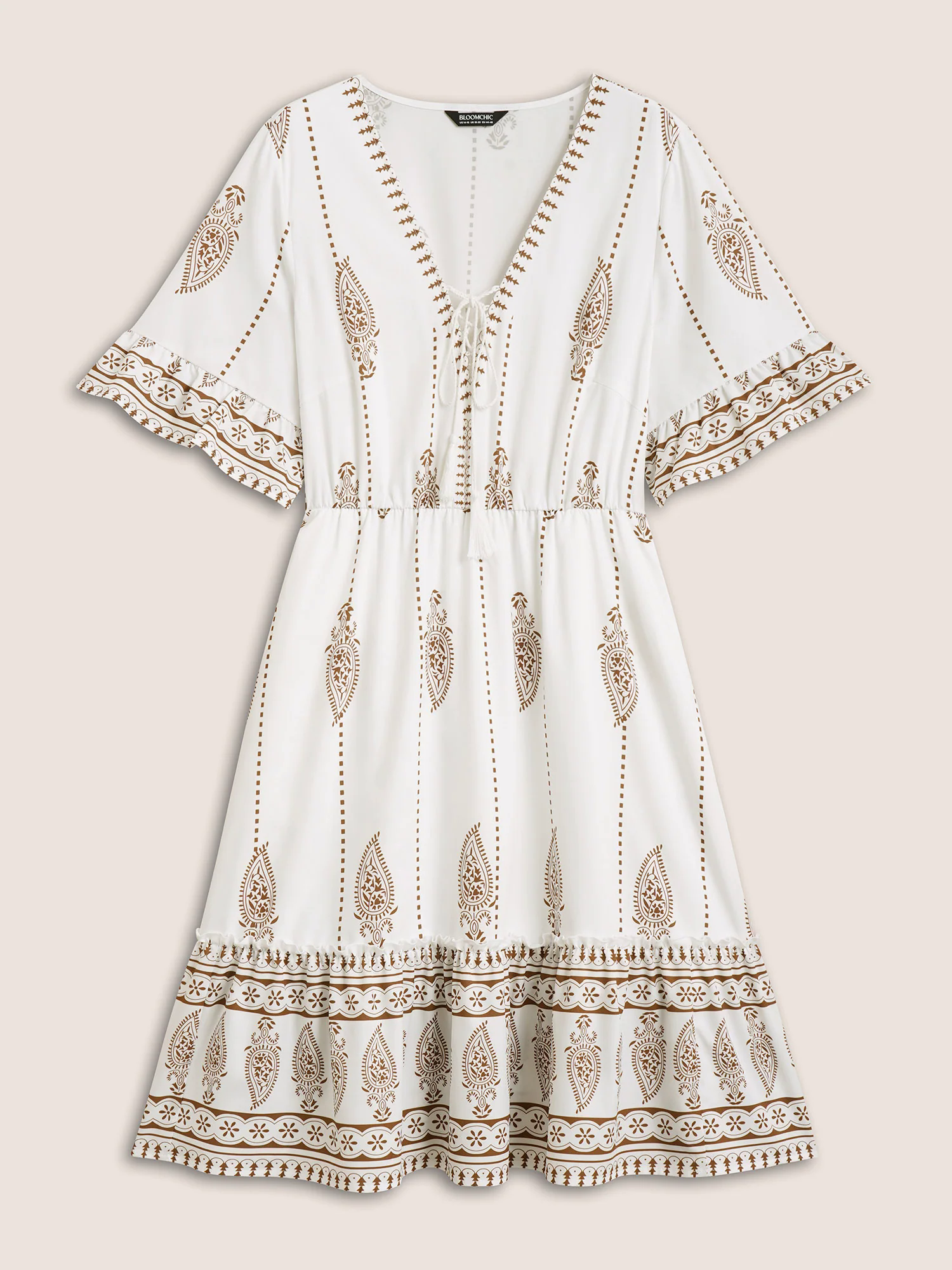 Boho Print Cross Straps Tassels Ruffles Dress Boho Print Cross Straps Tassels Ruffles Dress