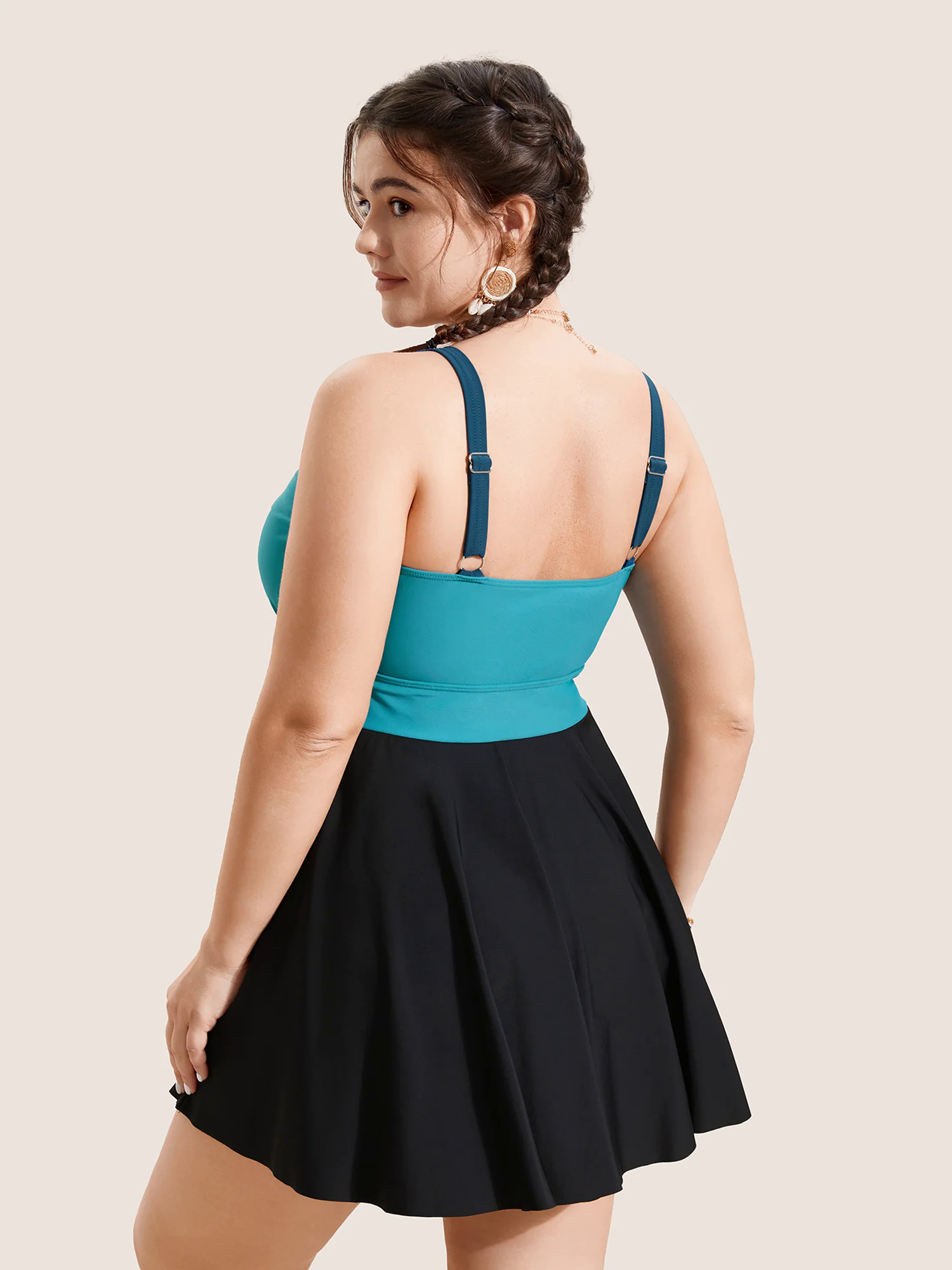V Neck Patchwork Contrast Gathered Swim Dress V Neck Patchwork Contrast Gathered Swim Dress