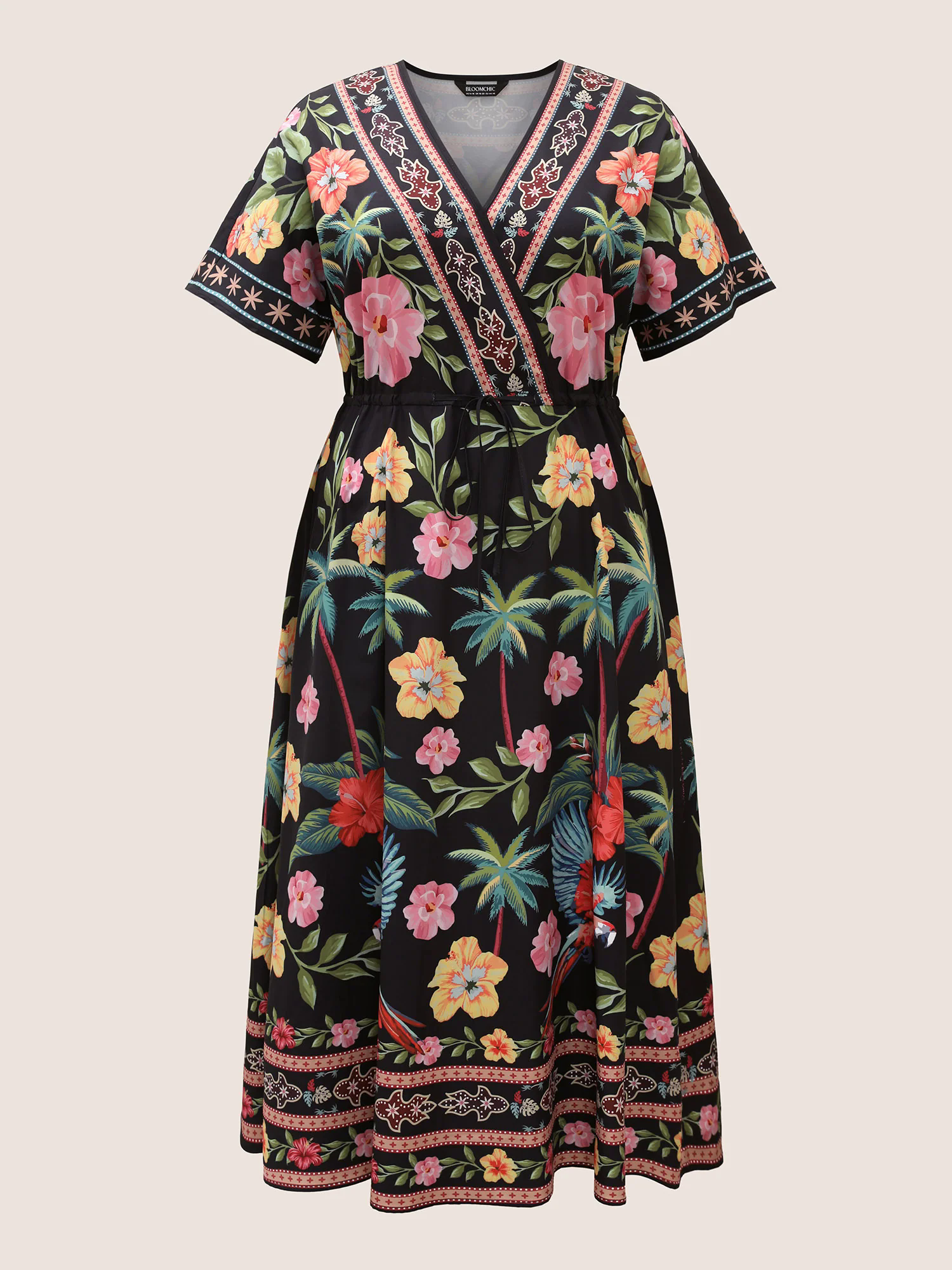 Boho Print Overlap Collar Drawstring Dress