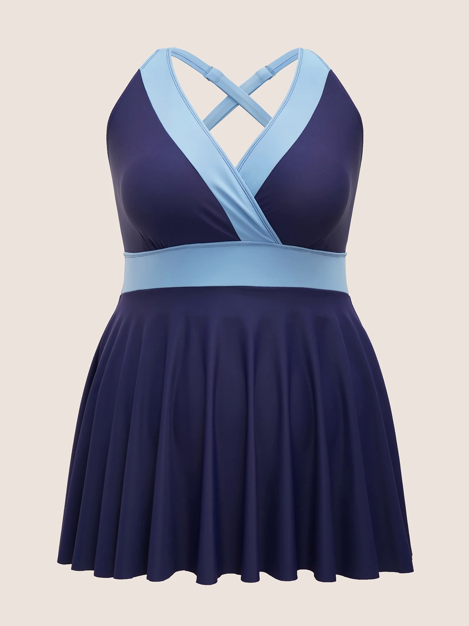 Two Tone Gathered Overlap Collar Swim Dress Two Tone Gathered Overlap Collar Swim Dress