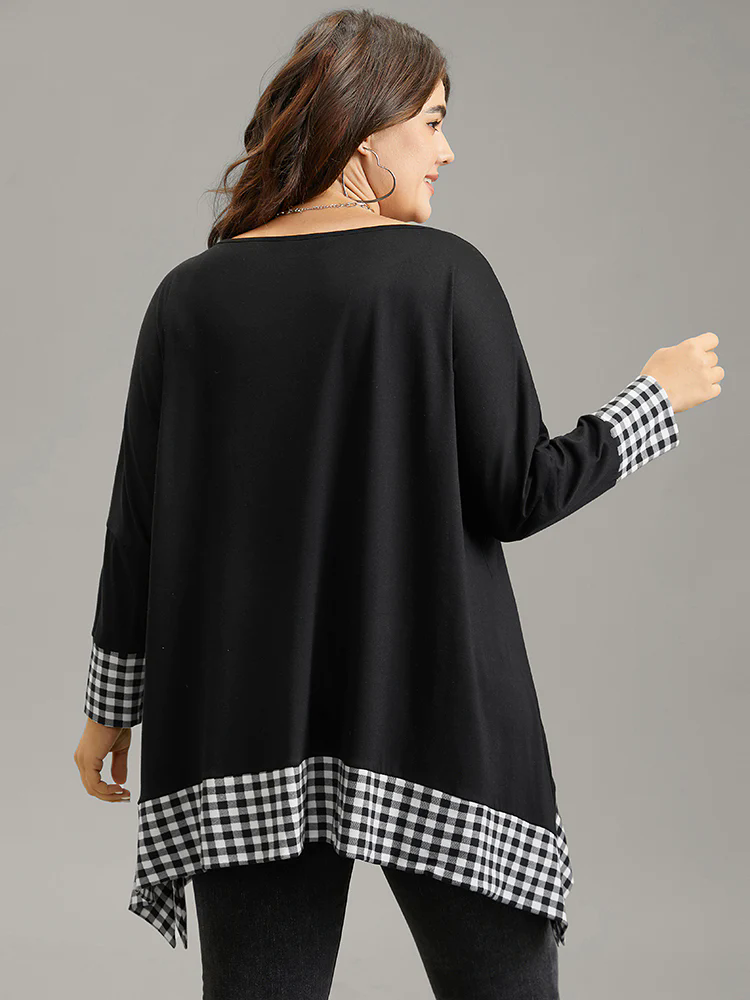 Plaid Patchwork Hanky Hem T-shirt Plaid Patchwork Hanky Hem T-shirt