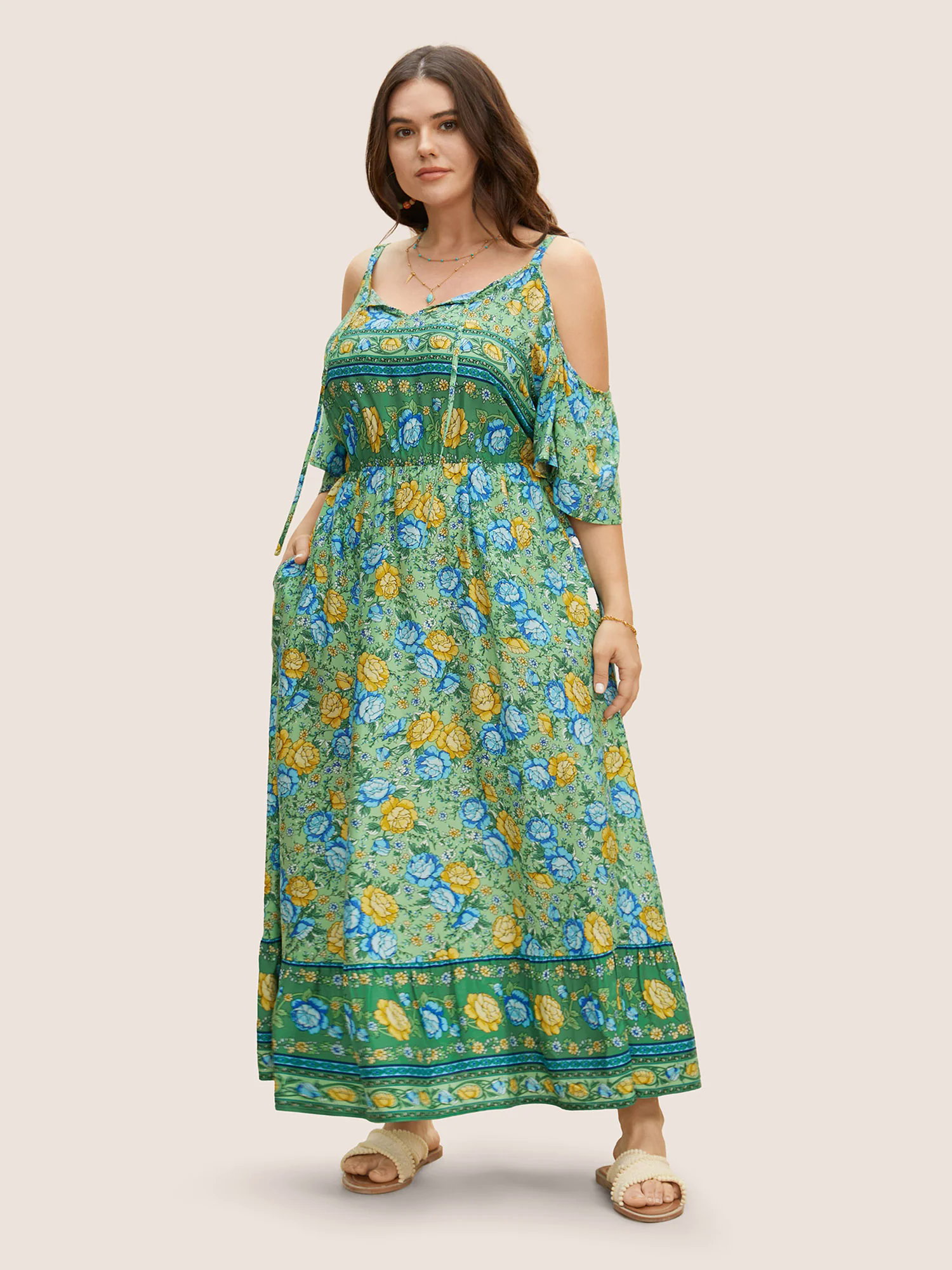 Floral Print Pocket Keyhole Ruffles Cold Shoulder Maxi Dress Floral Print Pocket Keyhole Ruffles Cold Shoulder Maxi Dress