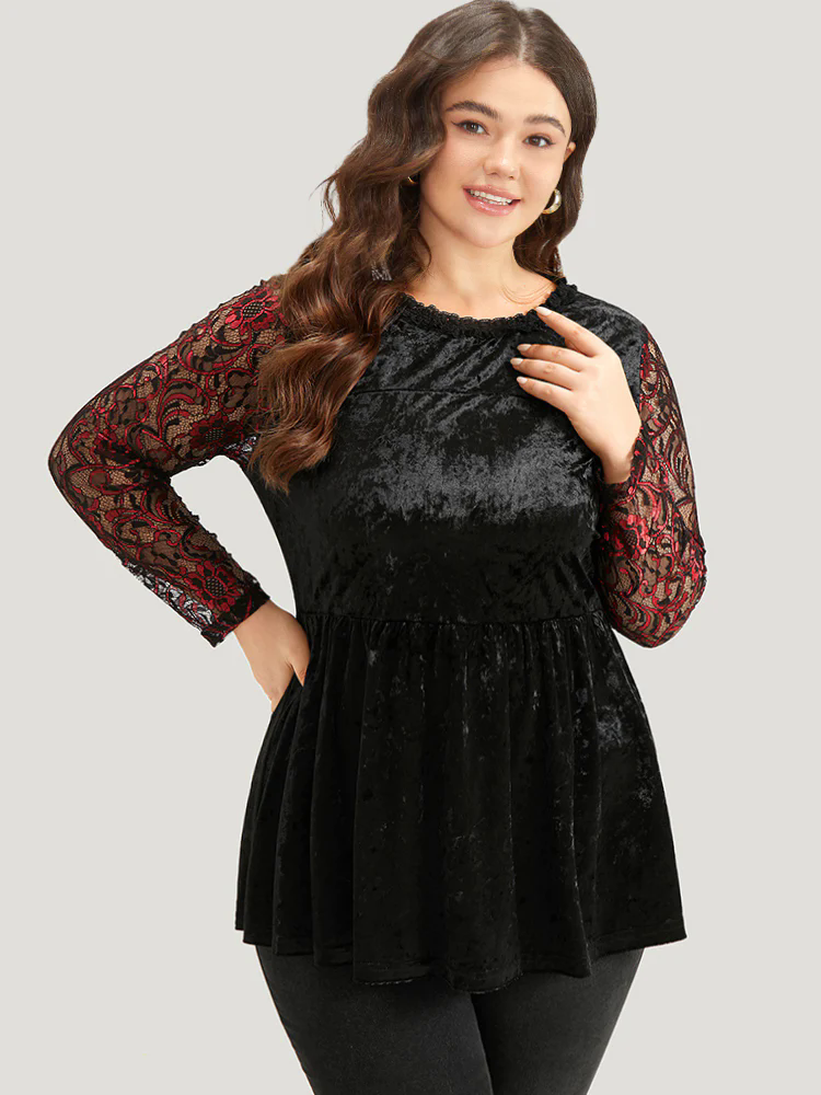 Halloween Lace Patchwork Contrast Cut Out Blouse Halloween Lace Patchwork Contrast Cut Out Blouse
