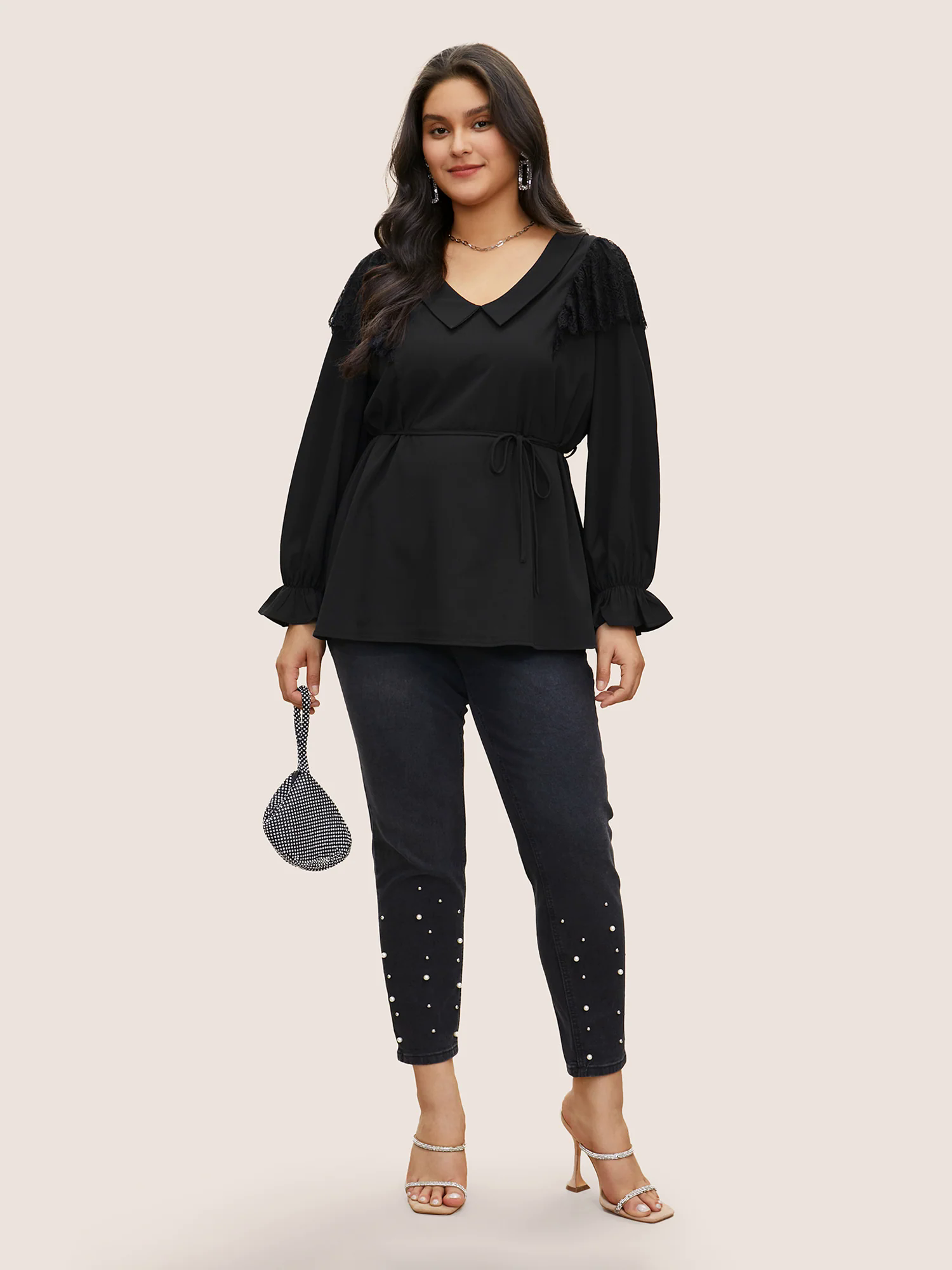 Solid Lace Panel Ties Patchwork Ruffles Blouse Solid Lace Panel Ties Patchwork Ruffles Blouse