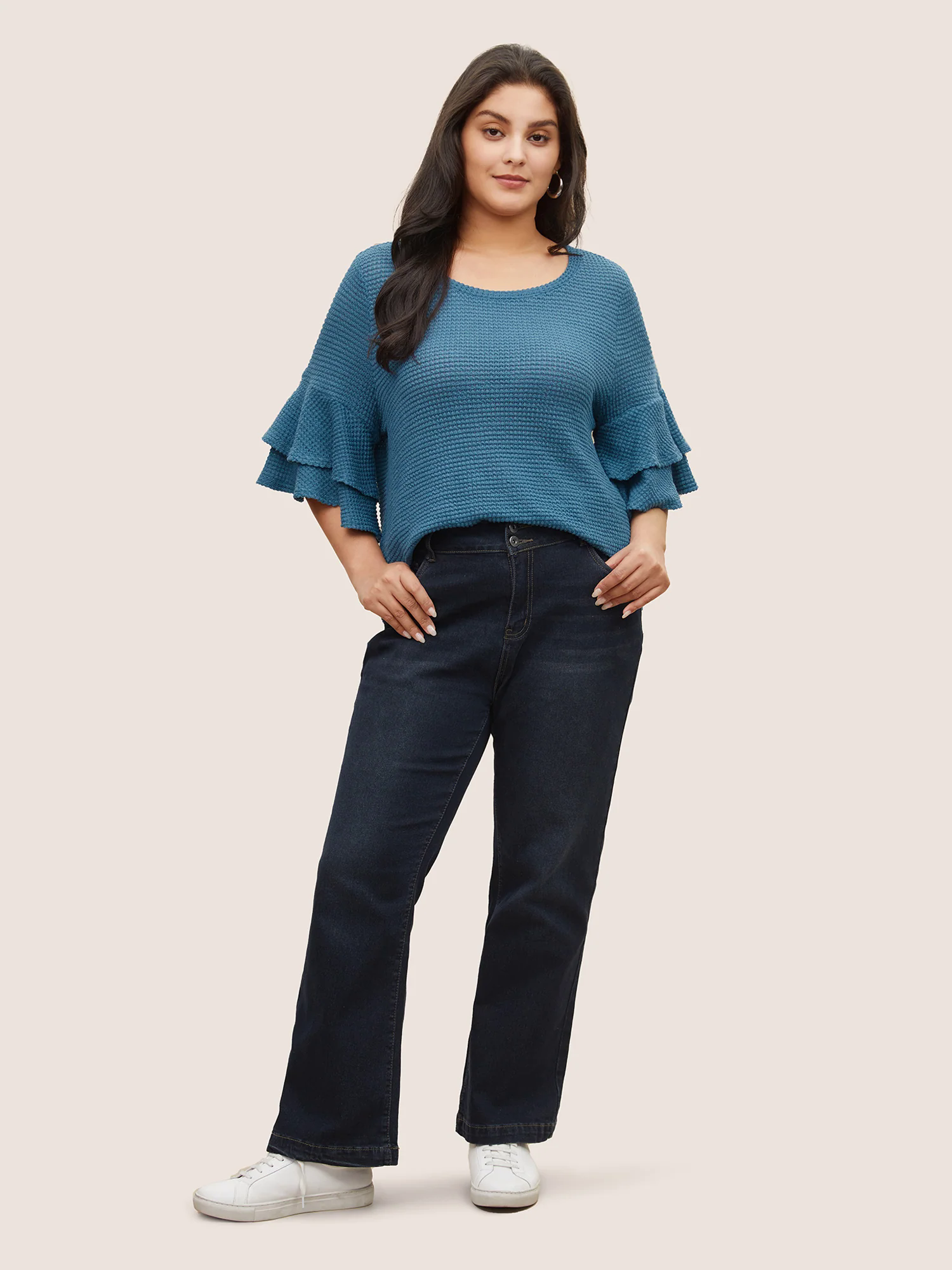 Solid Waffle Knit Tiered Flutter Sleeve T-shirt