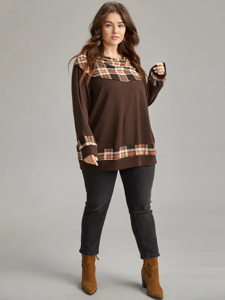 Halloween Plaid Patchwork Cowl Neck T-shirt