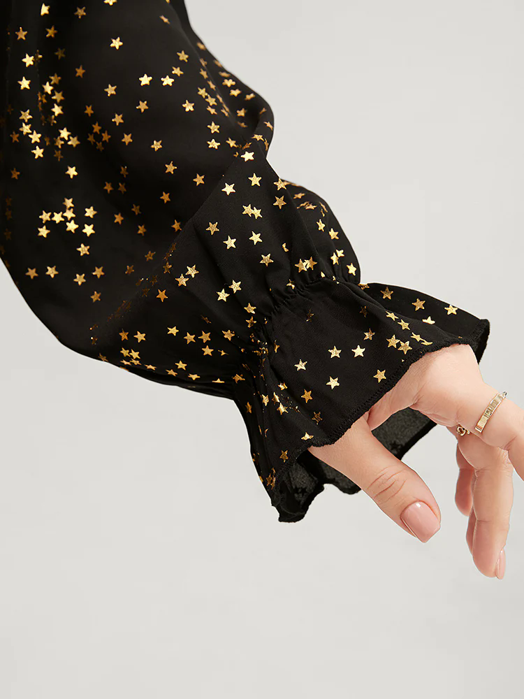 Star Print Lantern Sleeve Asymmetrical Ruffles Hem Wrap Blouse Star Print Lantern Sleeve Asymmetrical Ruffles Hem Wrap Blouse