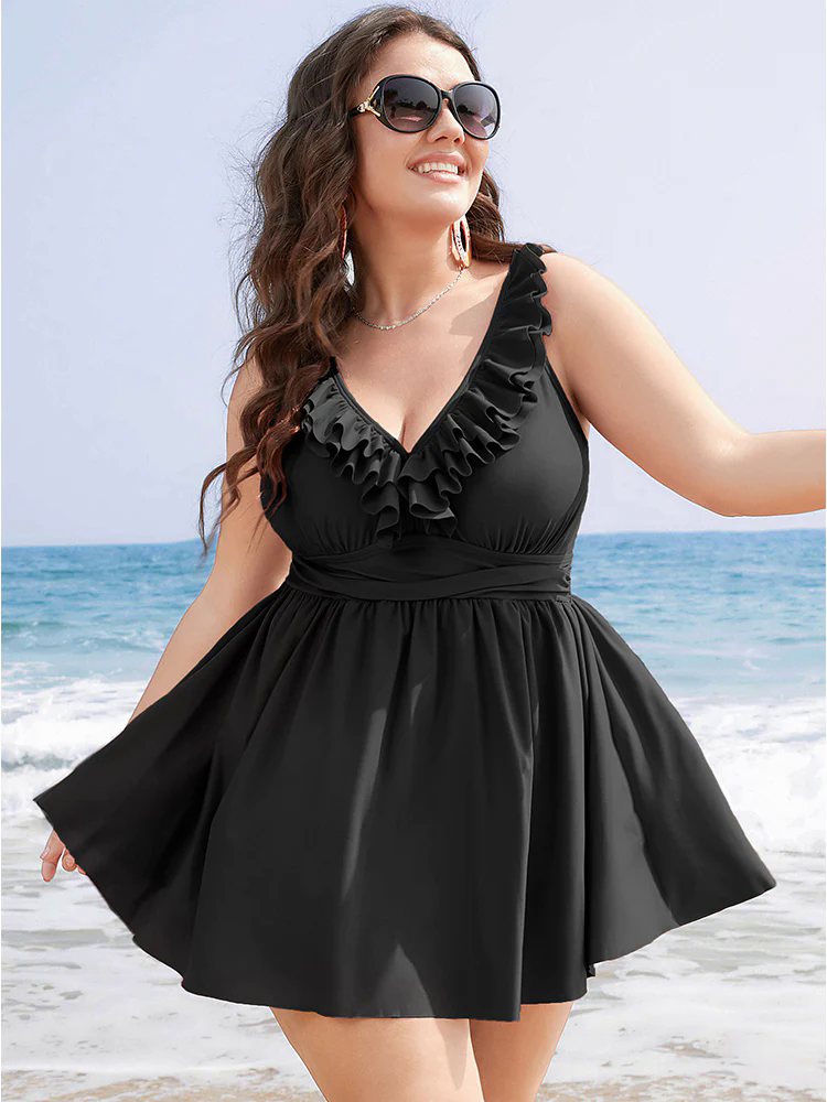 Ruffle Trim Adjustable Straps Gathered Sculpt Waist Swim Dress Ruffle Trim Adjustable Straps Gathered Sculpt Waist Swim Dress