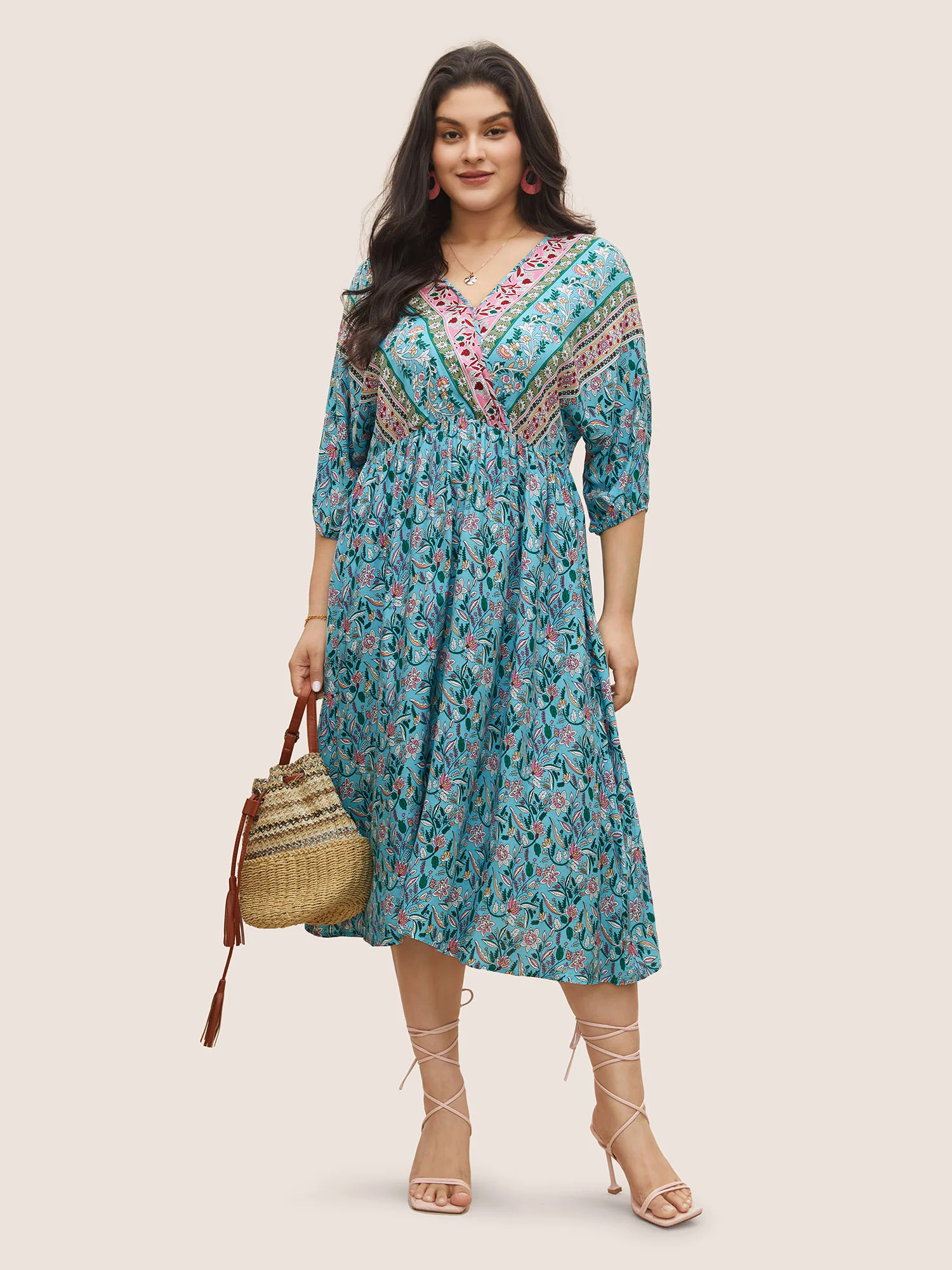 Boho Print Wrap Elastic Waist Lantern Sleeve Dress Boho Print Wrap Elastic Waist Lantern Sleeve Dress