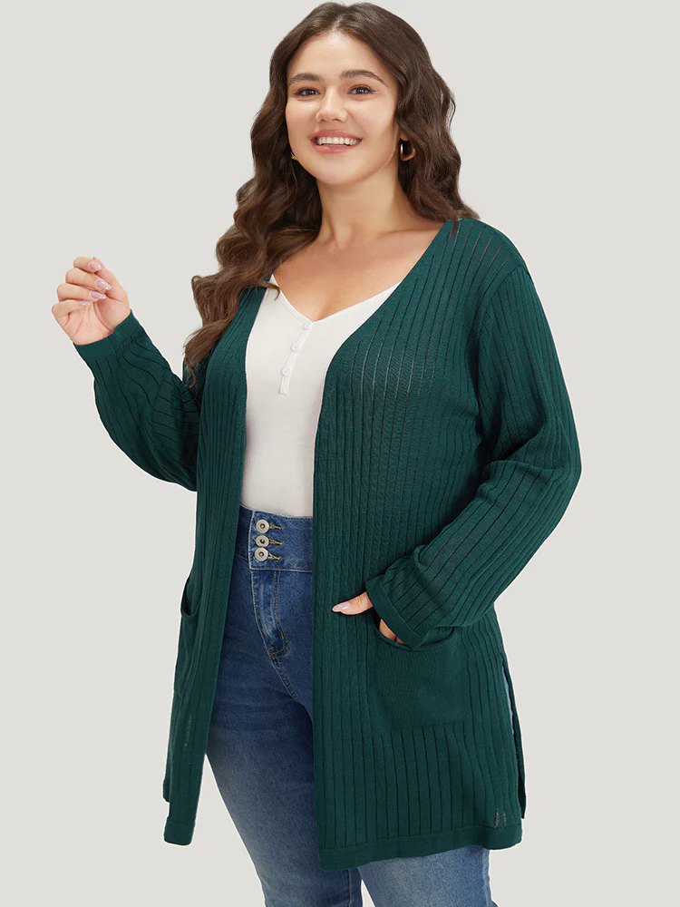 Solid Rib Knit Pocket Lightweight Tunic Cardigan Solid Rib Knit Pocket Lightweight Tunic Cardigan