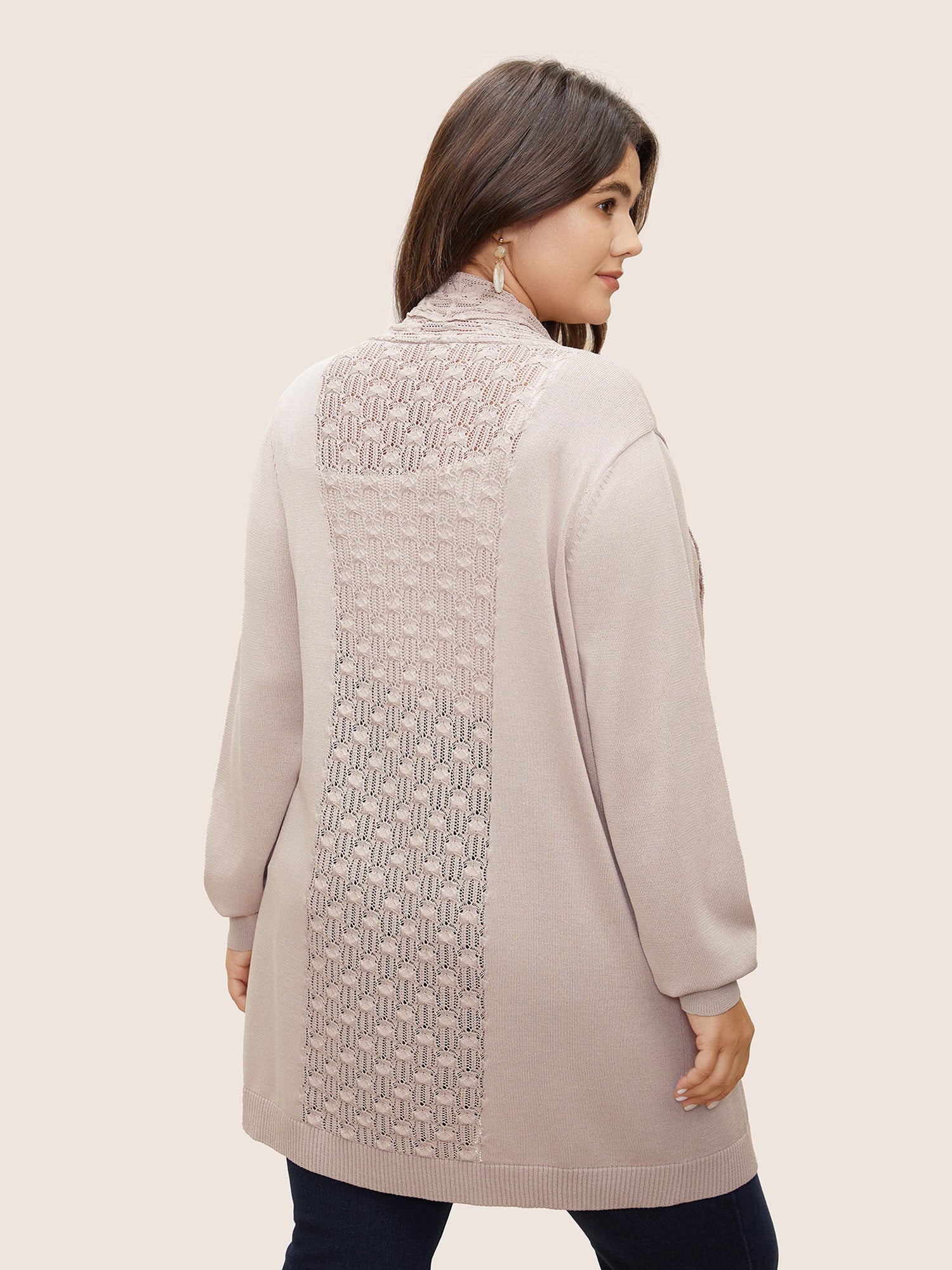 Plain Lapel Collar Pointelle Knit Backless Cardigan Plain Lapel Collar Pointelle Knit Backless Cardigan