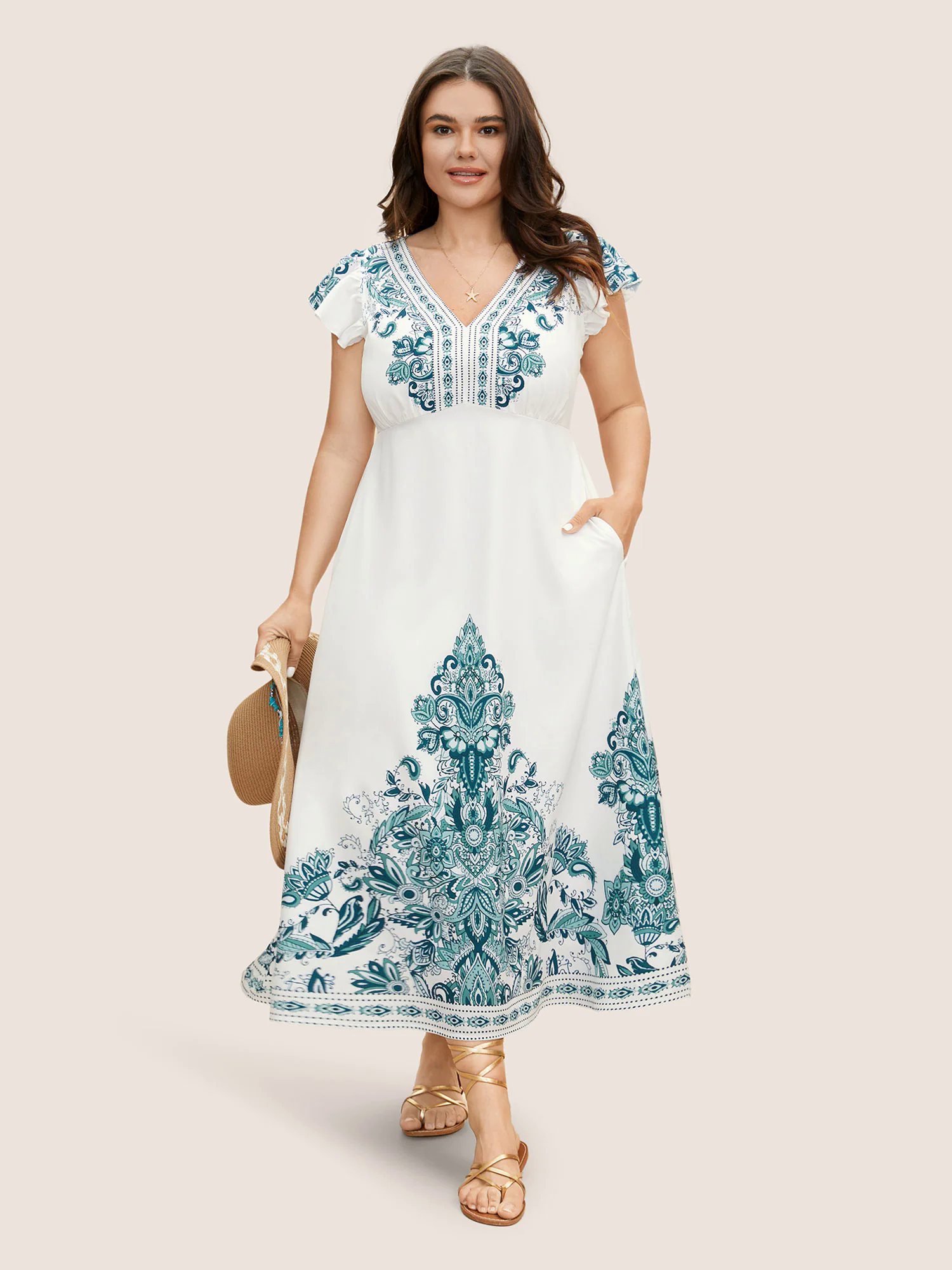 V Neck Boho Print Ruffle Cap Sleeve Dress V Neck Boho Print Ruffle Cap Sleeve Dress