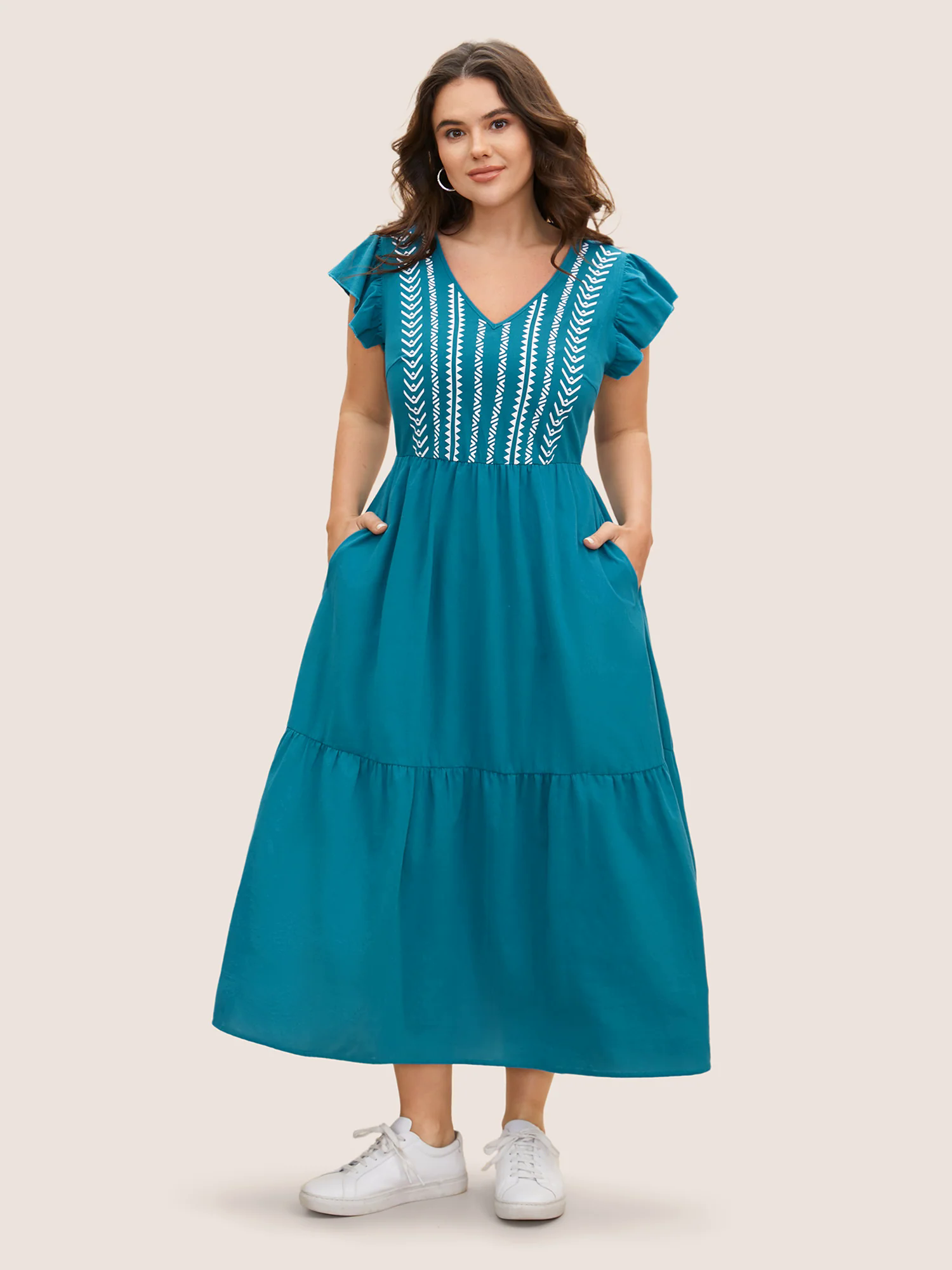 Cotton Bandana Geometric Ruffle Cap Sleeve Midi Dress Cotton Bandana Geometric Ruffle Cap Sleeve Midi Dress