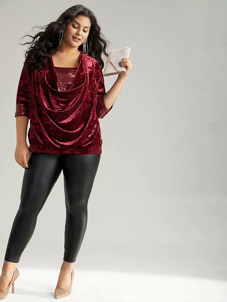 Cowl Neck 2-In-1 Sequin Patchwork Blouse Cowl Neck 2-In-1 Sequin Patchwork Blouse