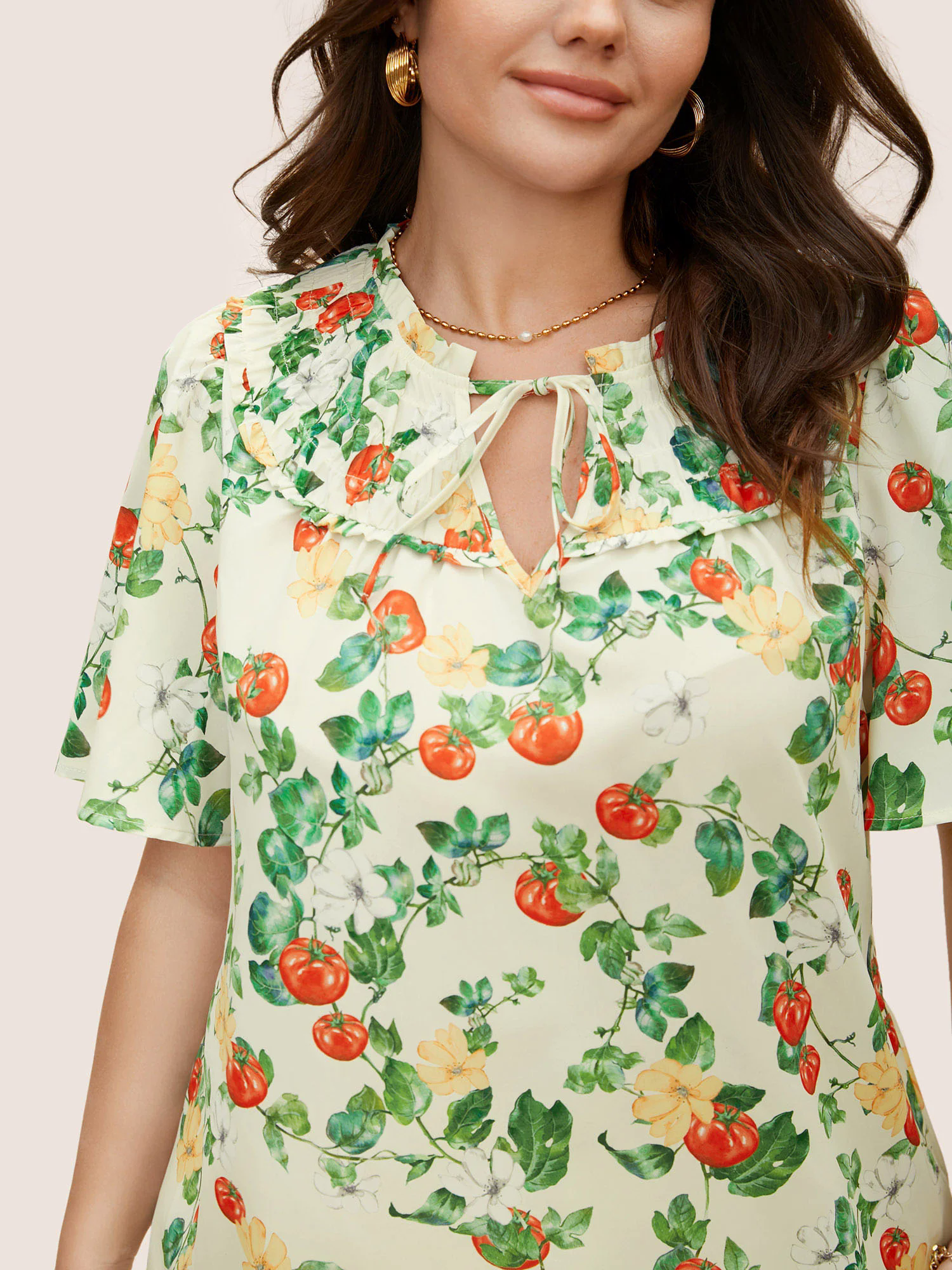 Tomato Print Frill Trim Lace Up Blouse Tomato Print Frill Trim Lace Up Blouse